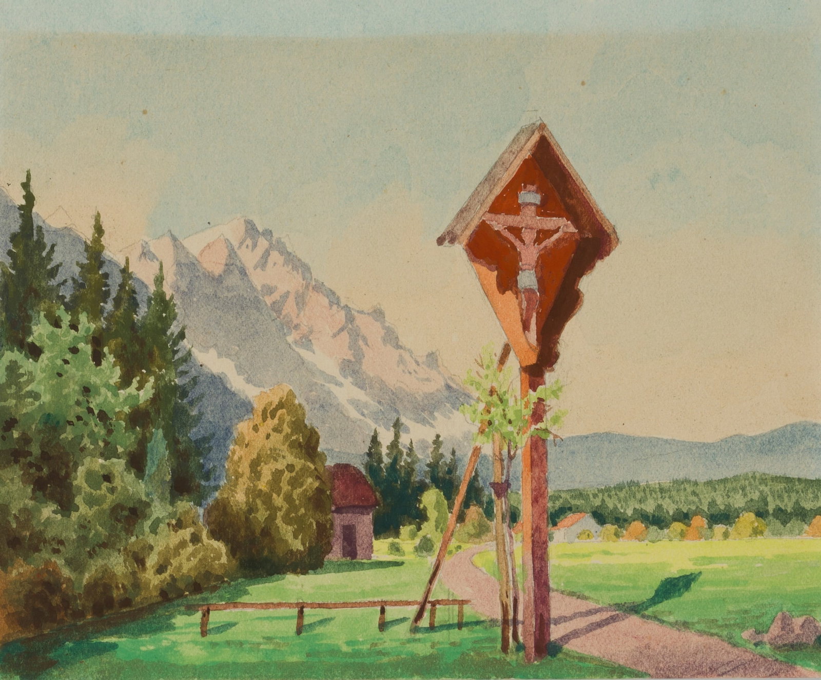 F. HOLLFELDER (20th), Field cross in Molin near Garmisch, around 1940, Watercolor (1 of 4)