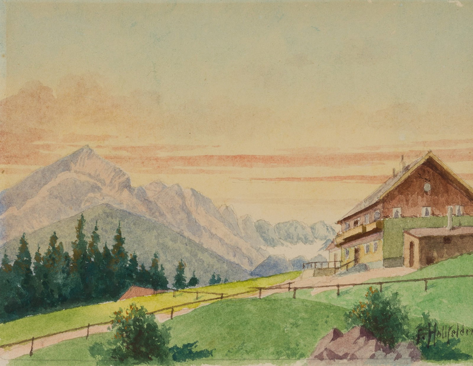 F. HOLLFELDER (20th), A farmhouse at the foot of the Zugspitze, around 1940, Watercolor (1 of 4)