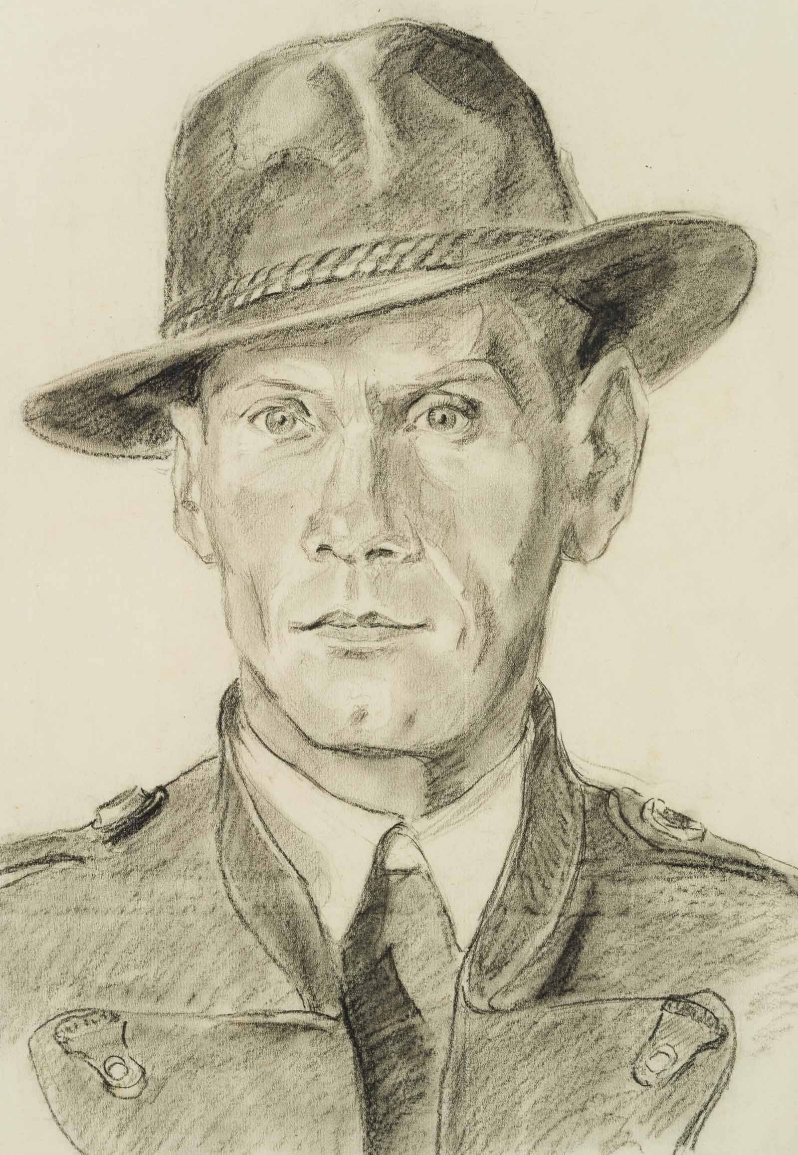 SCHEFFLER (20th), Probably a self-portrait with a hat, around 1930, Chalk: Scheffler (20th century): probably self-portrait with hat, c. 1930, Chalk Technique: Chalk on Paper Date: c. 1930 Description: En face portrait of a man. Dressed in a dark coat, the man wears a hat wi