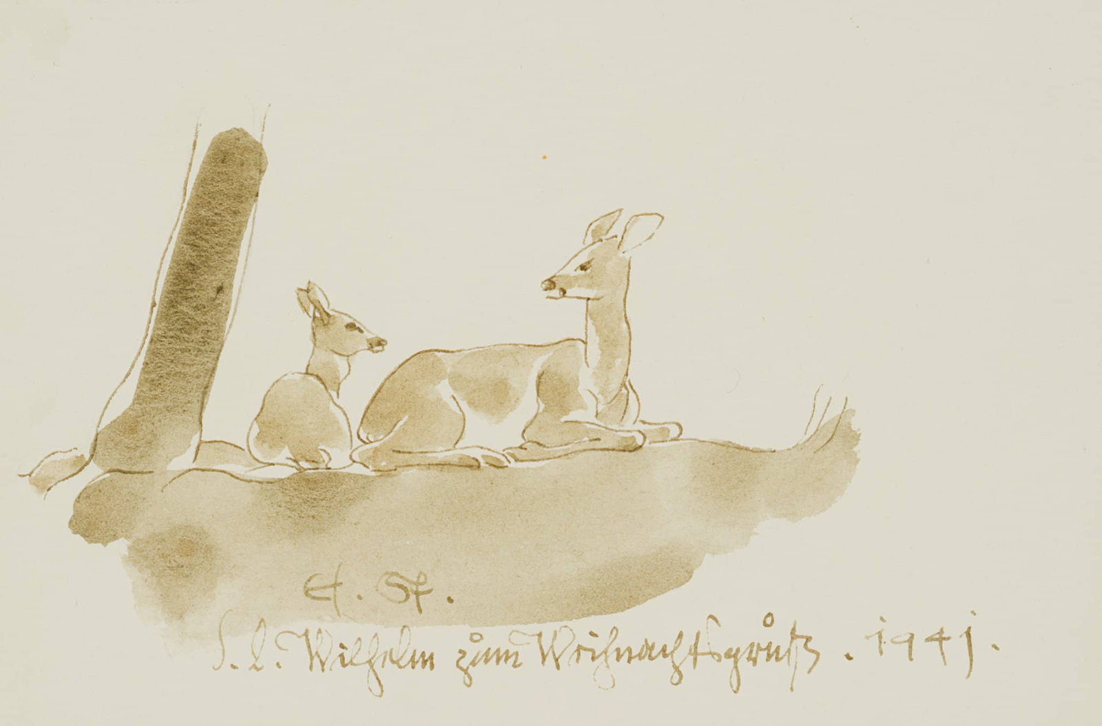 E. STEPPES (1873-1968), Deer by the tree, 1941, Indian ink: Edmund Steppes (1873 Burghausen - 1968 Deggendorf): Roe deer in a tree, doe with fawn in camp, 1941, Indian ink Technique: Indian ink on Paper Inscription: At the lower part monogrammed: "Ed. St.". At