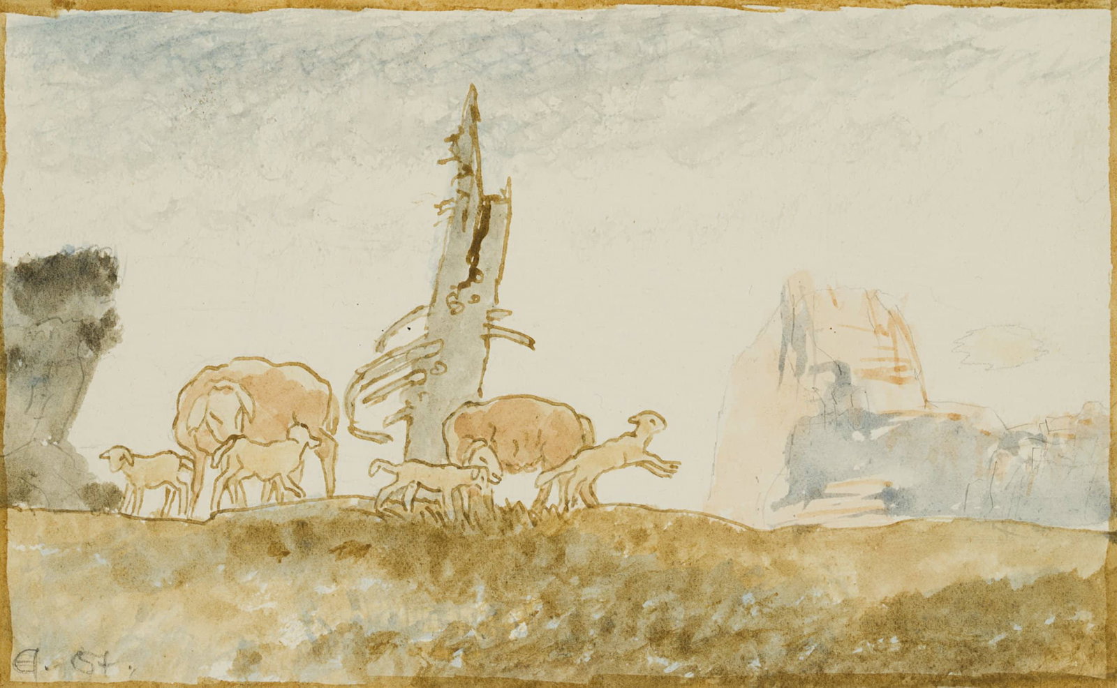 E. STEPPES (1873-1968), Sheep by the tree, around 1930, Watercolor: Edmund Steppes (1873 Burghausen - 1968 Deggendorf): Sheep with lambs on the tree, c. 1930, Watercolor Technique: Watercolor on Paper Inscription: lower left monogrammed: "Ed. St.". Date: c. 1930 Keywo