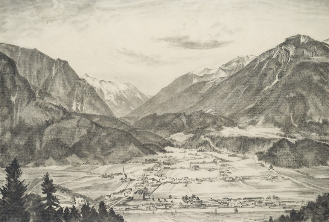 C. WALTHER (1880-1954), Jenbach in Tyrol, 1930, Pencil: Carl August Walther (1880 Leipzig - 1954 Dresden): Landscape near Jenbach in Tyrol with snow-covered peaks, 1930, Pencil Technique: Pencil on Transparent paper Stamp: Lower right Estate stamp, Carl Wa