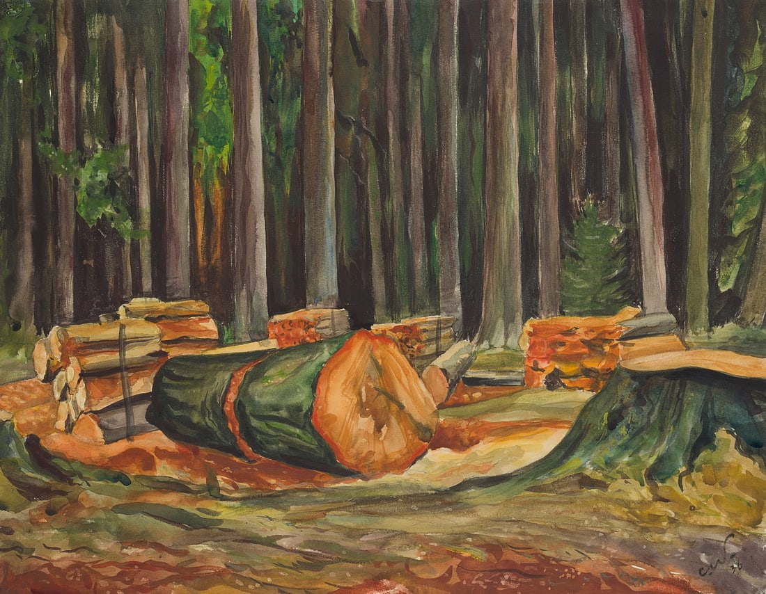C. WALTHER (1880-1954), Felled trees in the forest, 1936, Watercolor: Carl August Walther (1880 Leipzig - 1954 Dresden): Felled trees in the forest, 1936, Watercolor Technique: Watercolor on Paper Stamp: Verso Estate stamp, Carl Walther. Dresden. 20th century Inscriptio