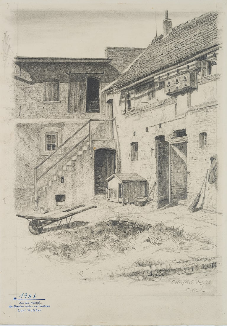 C. WALTHER (1880-1954), House in Osterfeld, Burgenlandkreis, 1948, Charcoal (1 of 3)