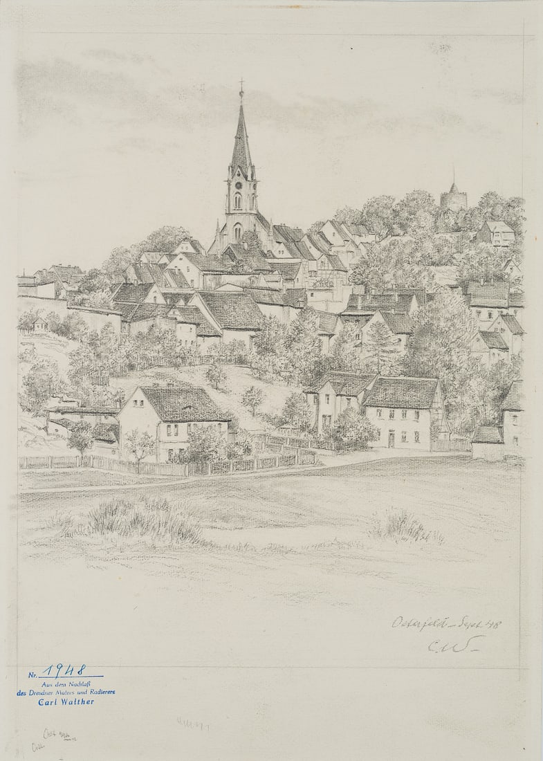 C. WALTHER (1880-1954), Osterfeld and the Luther Church, 1948, Charcoal (1 of 3)