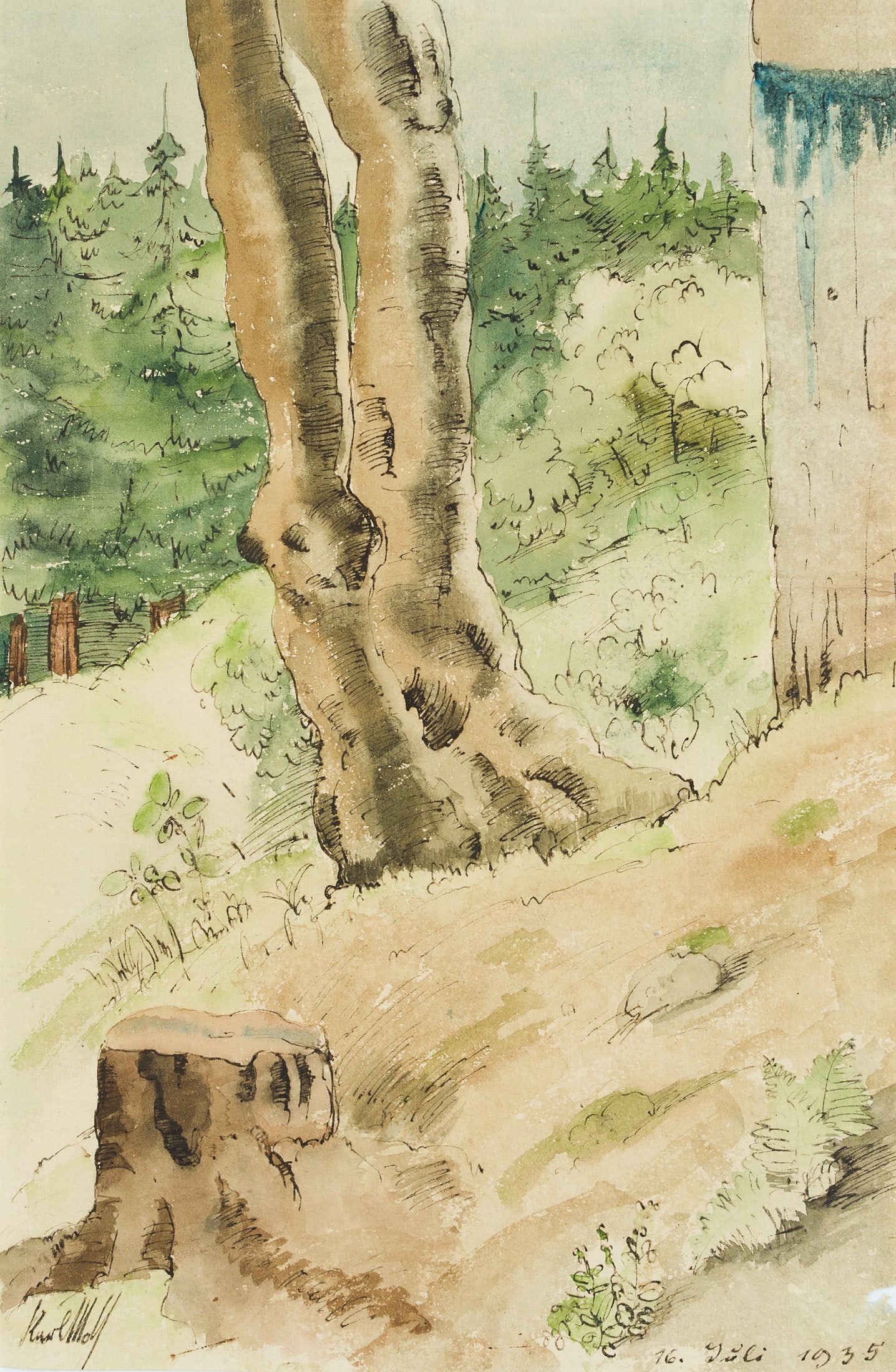K. WOLF (1901-1993), A gnarled tree trunk on a wooded slope, 1935, Watercolor: Karl Wolf (1901 Munich - 1993 ): A gnarled tree trunk on a wooded slope, 1935, Watercolor Technique: Watercolor over Pen drawing on Paper Inscription: lower left signed: "Karl Wolf". Verso inscribed b