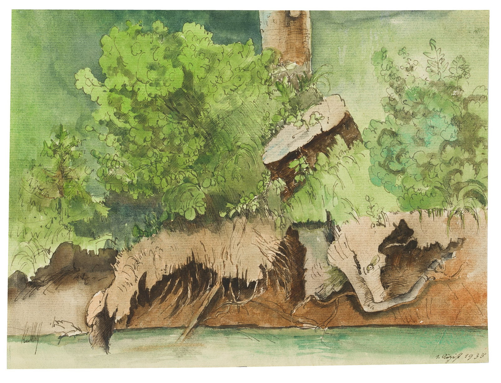 K. WOLF (1901-1993), A washed-out riverbank with a tree stump, 1935, Watercolor (1 of 5)