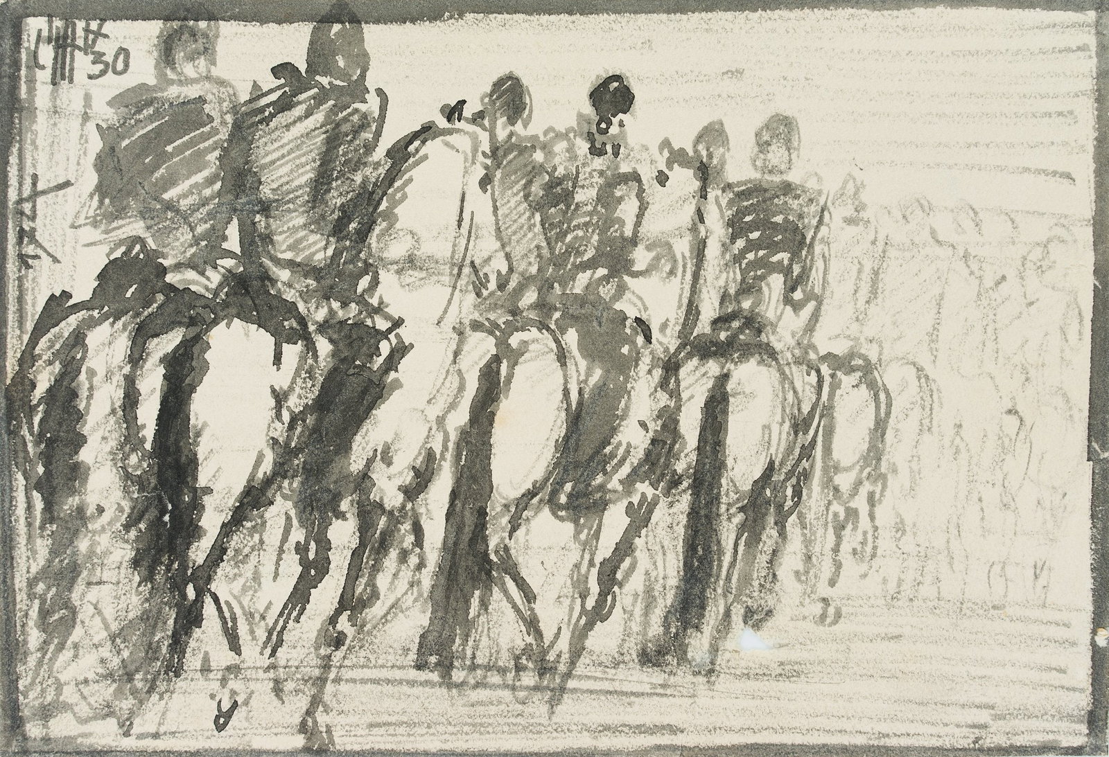 K. WOLF (1901-1993), A tightly packed group of horsemen, seen from behind, 1930, Brush drawing: Karl Wolf (1901 Munich - 1993 ): A tightly packed group of horsemen, seen from behind, 1930, Brush drawing Technique: Brush drawing on Paper Inscription: Upper left monogrammed: "CW". Upper left dated