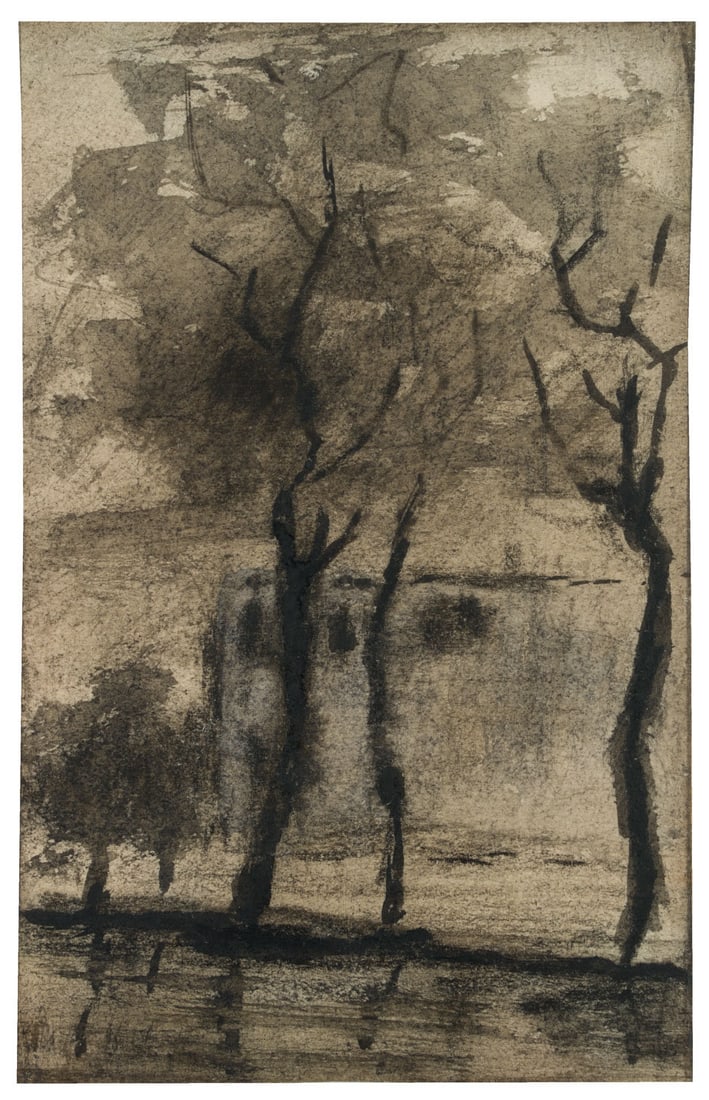 K. WOLF (1901-1993), A desolate cluster of trees with a house, around 1928, Brush drawing (1 of 5)