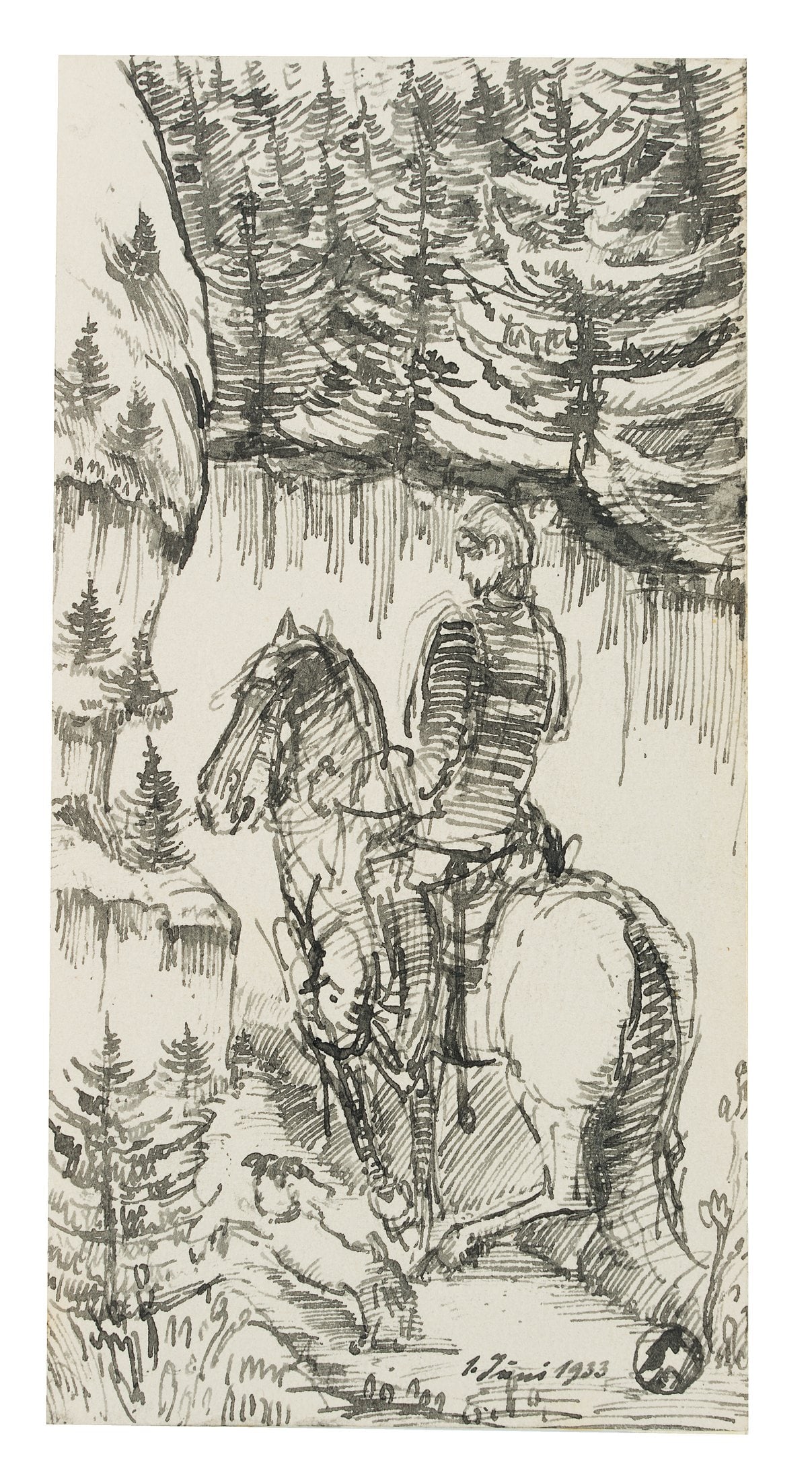K. WOLF (1901-1993), A nobleman on horseback in the forest, 1933, Pen drawing: Karl Wolf (1901 Munich - 1993 ): A nobleman on horseback in the forest, 1933, Pen drawing Technique: Pen drawing on Paper, mounted on Paper Inscription: Lower right dated: "1. Juni 1933". Date: 1933 D