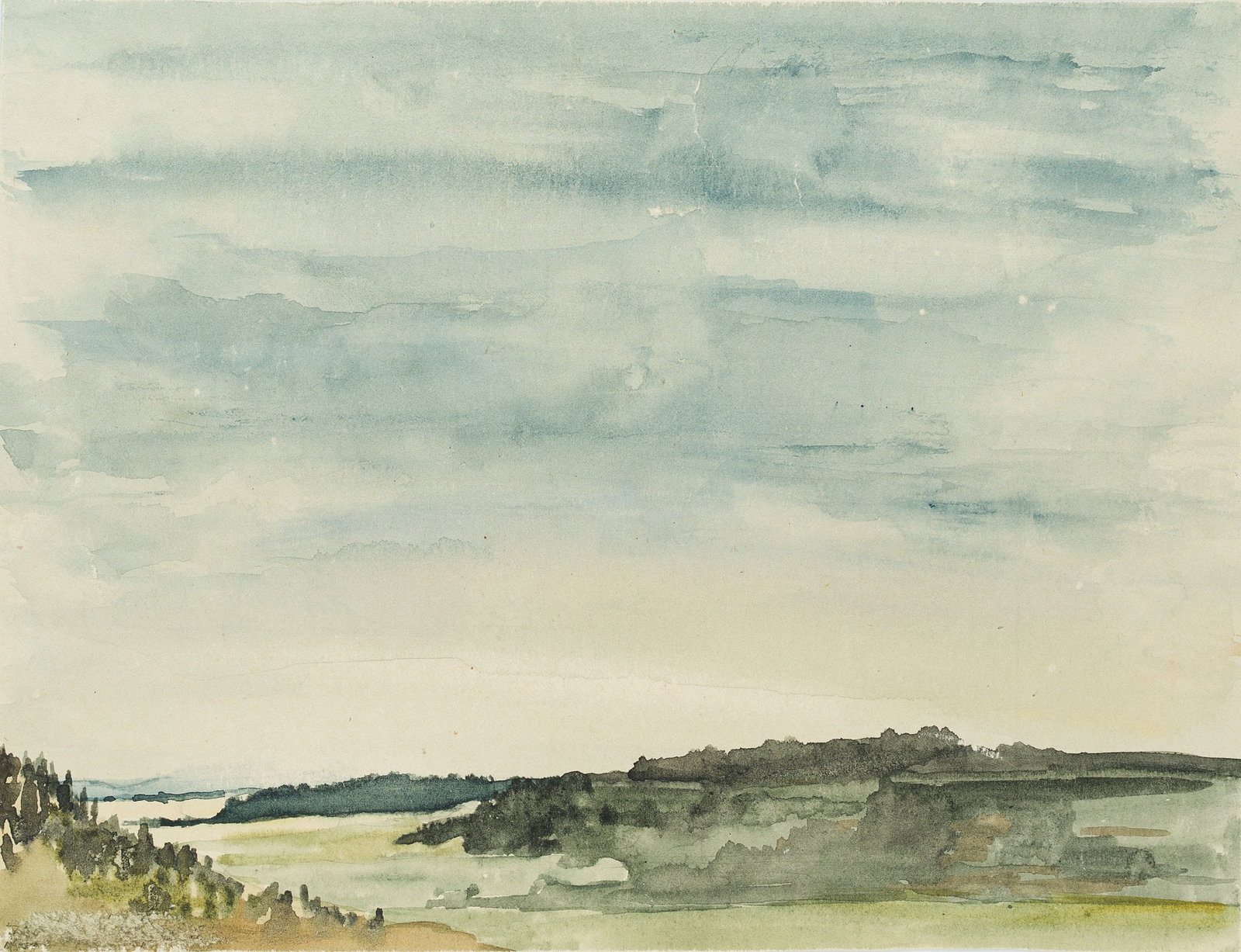K. WOLF (1901-1993), Wooded landscape, around 1925, Watercolor: Karl Wolf (1901 Munich - 1993 ): Wooded landscape, c. 1925, Watercolor Technique: Watercolor on Paper, mounted on Paper Date: c. 1925 Description: A low strip of wooded landscape stretches out beneath