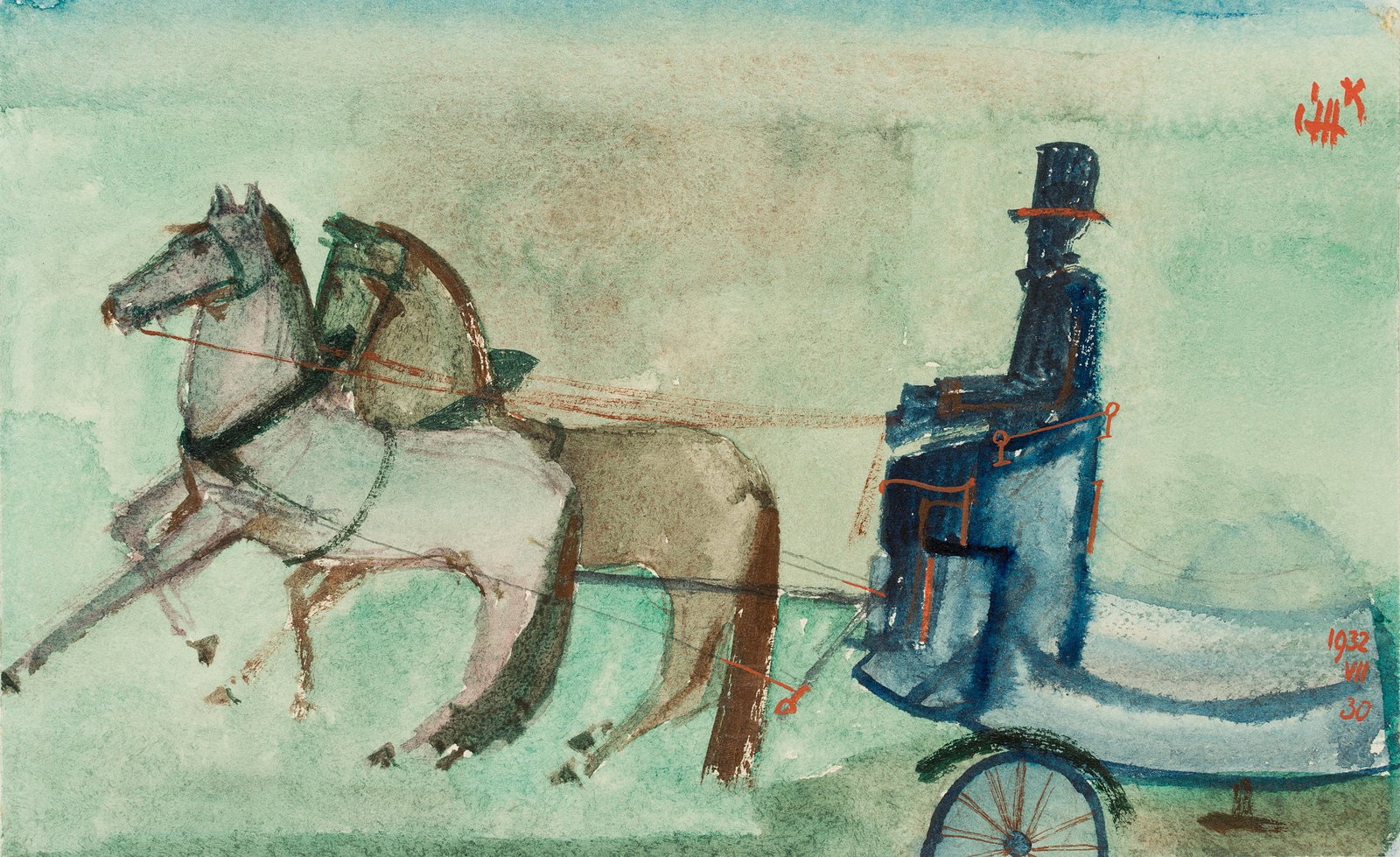 K. WOLF (1901-1993), A two-horse cab trotting along, 1932, Watercolor: Karl Wolf (1901 Munich - 1993 ): A two-horse cab trotting along, 1932, Watercolor Technique: Watercolor on Paper, mounted on Paper Inscription: At the lower part monogrammed: "CW". Upper right dated: 