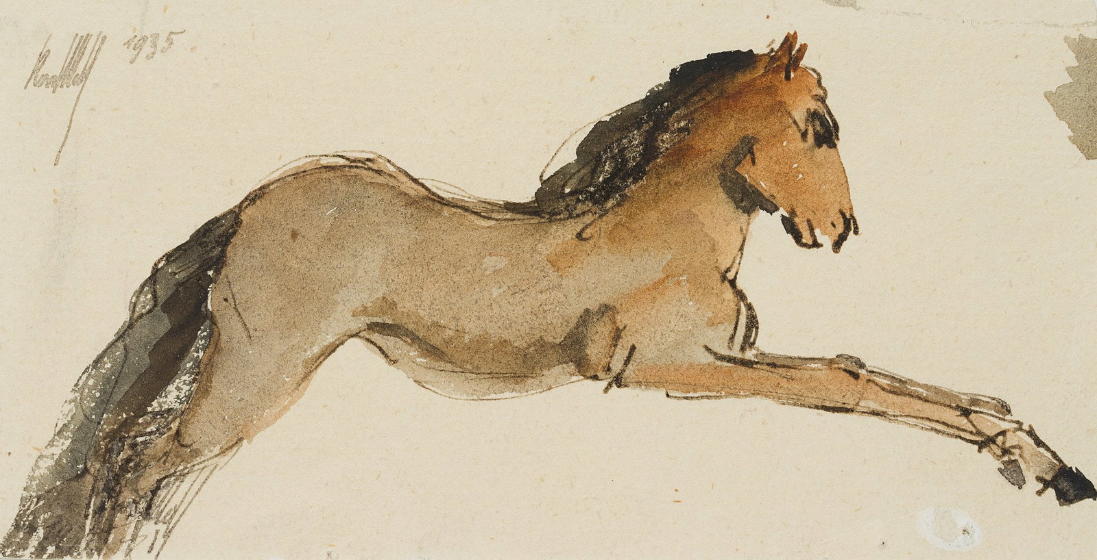 K. WOLF (1901-1993), Fohlen lying down, 1935, Pen drawing: Karl Wolf (1901 Munich - 1993 ): Fohlen lying down, 1935, Pen drawing Technique: Washed Pen drawing on Paper, mounted on Paper Inscription: Upper left signed: "Karl Wolf". Upper left dated: "1935". Da