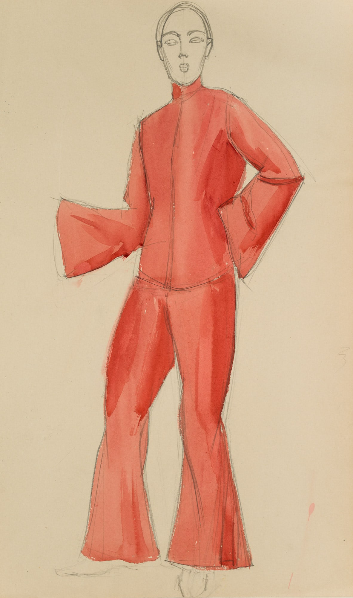 Unknown (20th), Fashion study: red jumpsuit with flared legs, Pencil: Unknown (20th century): Fashion study: red jumpsuit with flared legs, 20th century, Pencil Technique: Watercolored Pencil on Paper Date: 20th century Description: Fashion study of a long-sleeved jumps