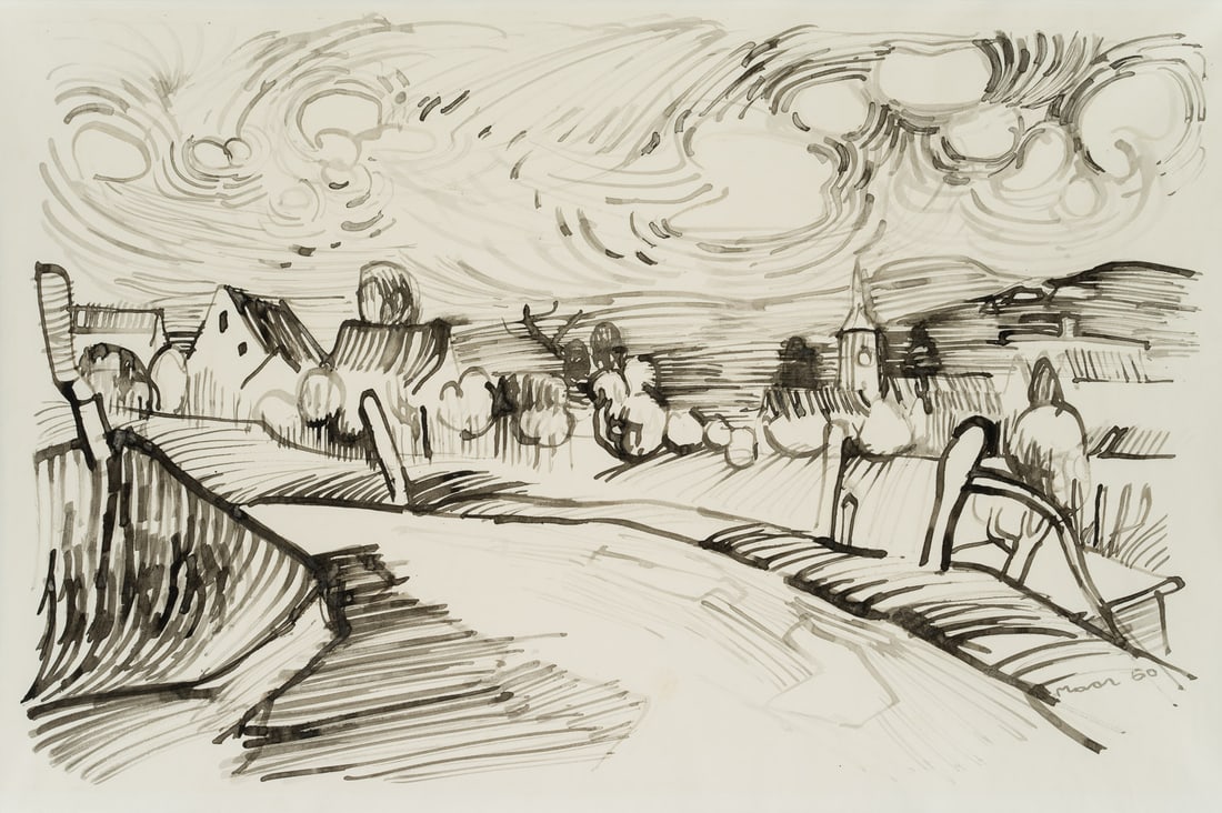 MAAR (20th), Landscape with a play of clouds, 1960, Watercolor: Maar (20th century): Very beautiful landscape with clouds, 1960, Brush drawing Technique: Brush drawing on Paper Inscription: Signed and dated lower right in the depiction: "Maar 60". Date: 1960 Keywo
