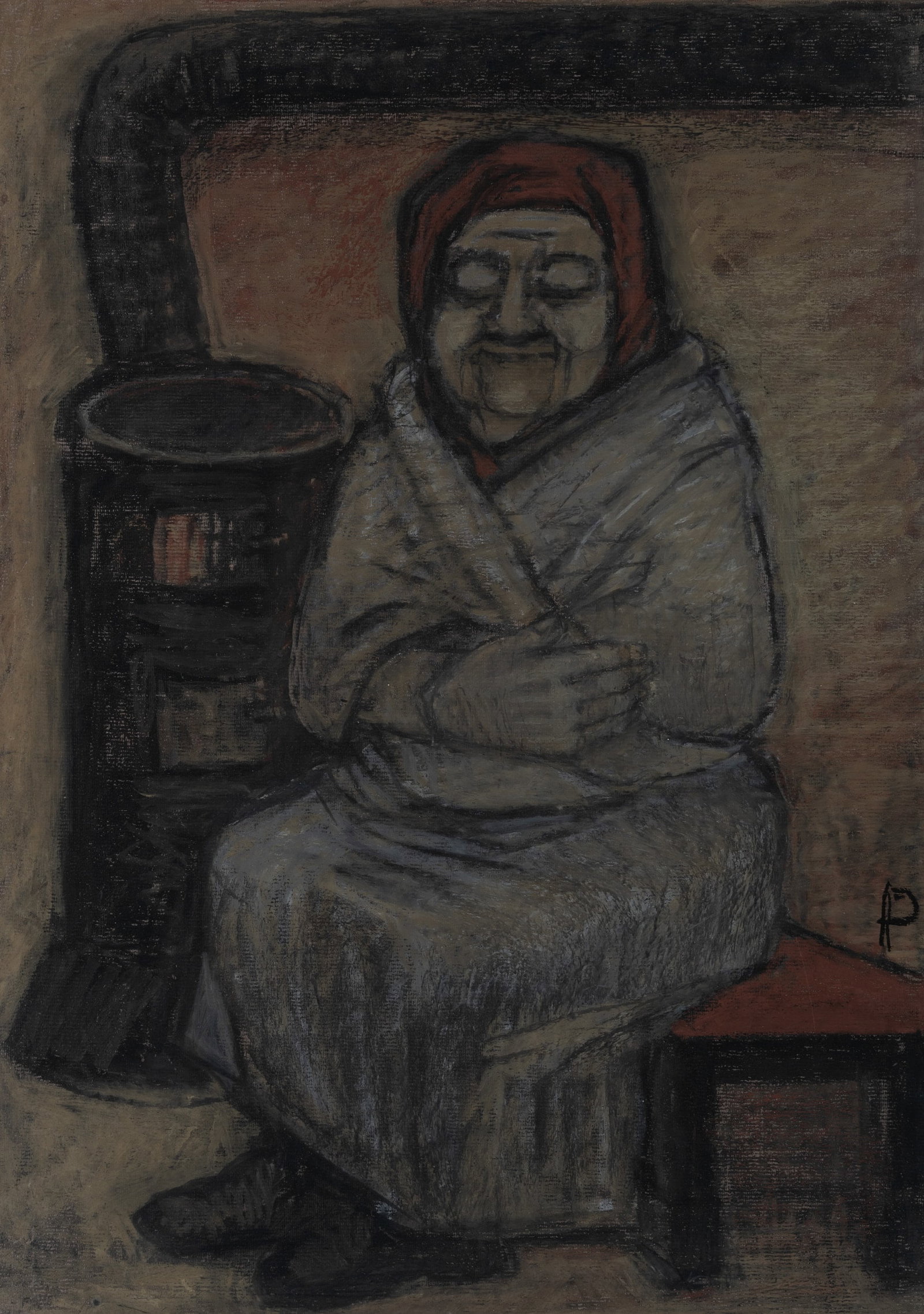 G. PETSCHNER (*1913), An old lady warming herself by the stove, Gouache: Gisela Petschner (1913 Saaz - 2007 Wolfhagen): Old mother with headscarf and brown robe sitting warming herself at the stove, 20th century, Gouache Technique: Gouache on Paper (brown) Inscription: Mid