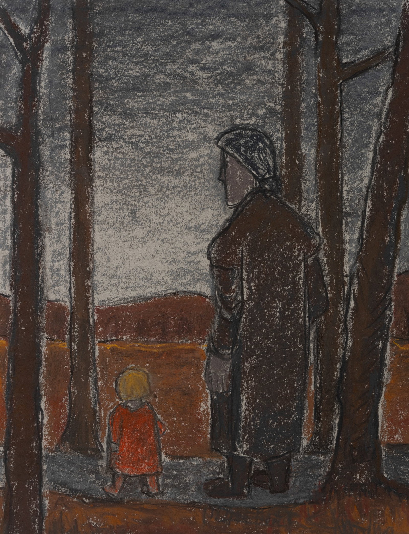 G. PETSCHNER (*1913), A walk in the woods with my grandson, Gouache: Gisela Petschner (1913 Saaz - 2007 Wolfhagen): Wooded area with small and large walker Touching scene with grandmother and grandson, 20th century, Gouache Technique: Gouache on Paper Date: 20th centur
