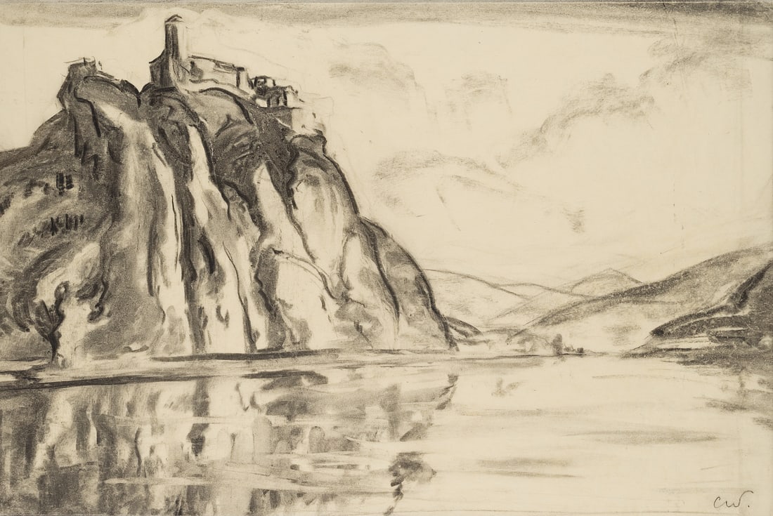 C. WALTHER (1880-1954), Schreckenstein Castle on the River Elbe, around 1950, Charcoal (1 of 8)
