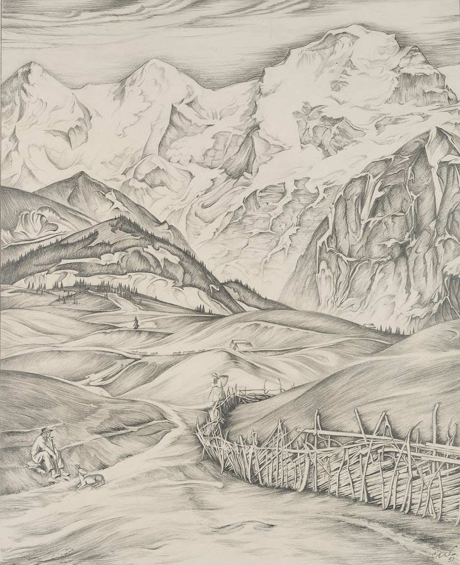C. WALTHER (1880-1954), Mountain landscape with a shepherd, 1951, Pencil: Carl August Walther (1880 Leipzig - 1954 Dresden): Mountain landscape with shepherd and pasture fence, 1951, Pencil Technique: Pencil on Paper Stamp: Lower left Estate stamp, Carl Walther. Dresden. 20