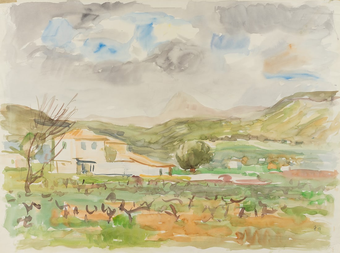 Unknown (20th), A vineyard set in the Italian landscape, 1953, Watercolor: Unknown (20th century): Winery in the hilly Italian landscape, 1953, Watercolor Technique: Watercolor on Paper Inscription: Lower right monogrammed: "H". Lower right dated: "53". Date: 1953 Descriptio