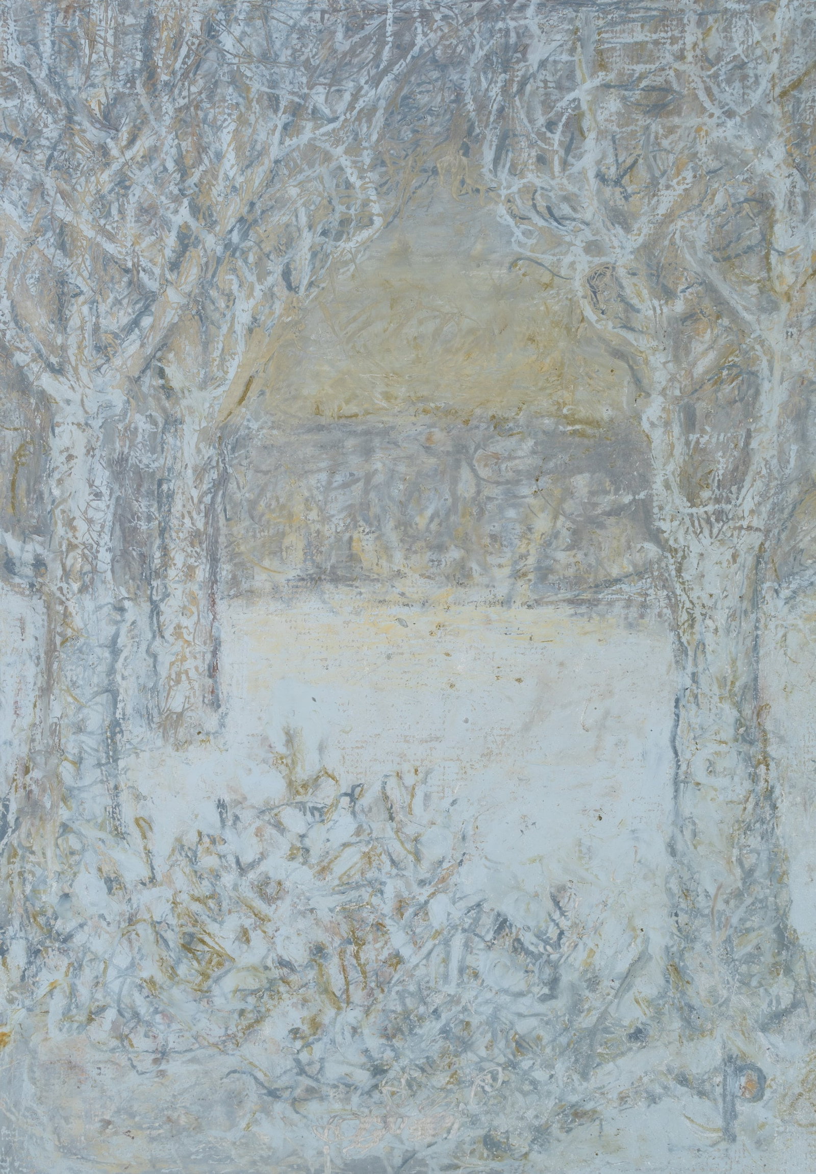 G. PETSCHNER (*1913), Winter landscape with trees, Chalk: Gisela Petschner (1913 Saaz - 2007 Wolfhagen): Snow-covered winter landscape with bare trees lining the left and right edges of the picture, 20th century, Chalk Technique: Chalk on Paper Inscription: 
