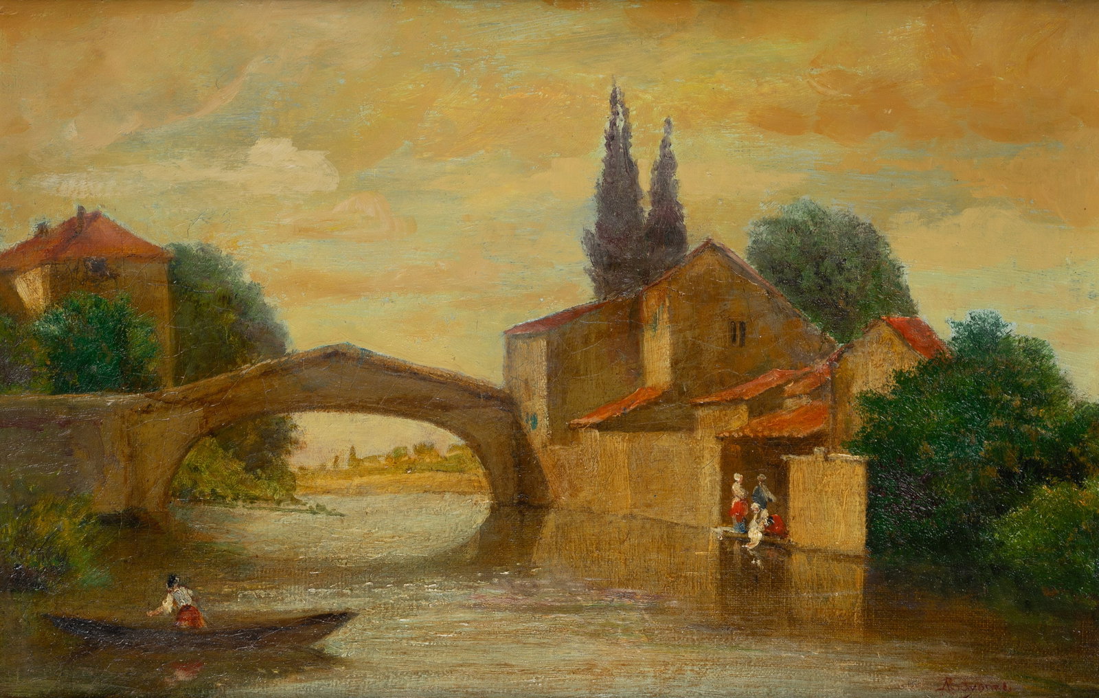 A. BAYONNE (19th), Women washing clothes by the river, 1880, Oil: A Bayonne (19th century): Laundresses on the river with architecture and stone bridge, 1880, Oil Technique: Oil on Canvas, mounted on Wood Inscription: Lower right signed: "ABayonne". Date: 1880 Descr