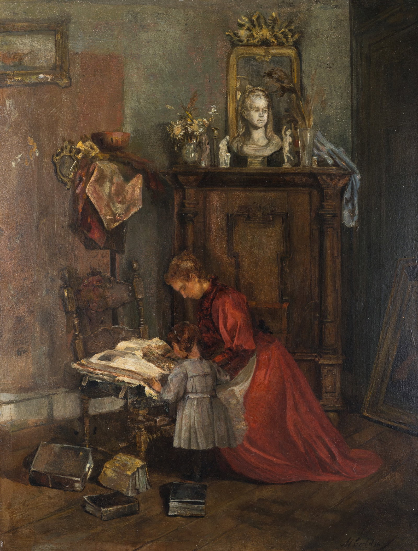 M. GOEBEL (1863-1908), A mother and daughter looking at prints, 1896, Oil: Marie Louise Goebel (1863 - 1908 ): A mother and daughter looking at prints, 1896, Oil Technique: Oil on Wood Inscription: Lower right signed: "M Goebel". Lower right dated: "96". Date: 1896 Descripti