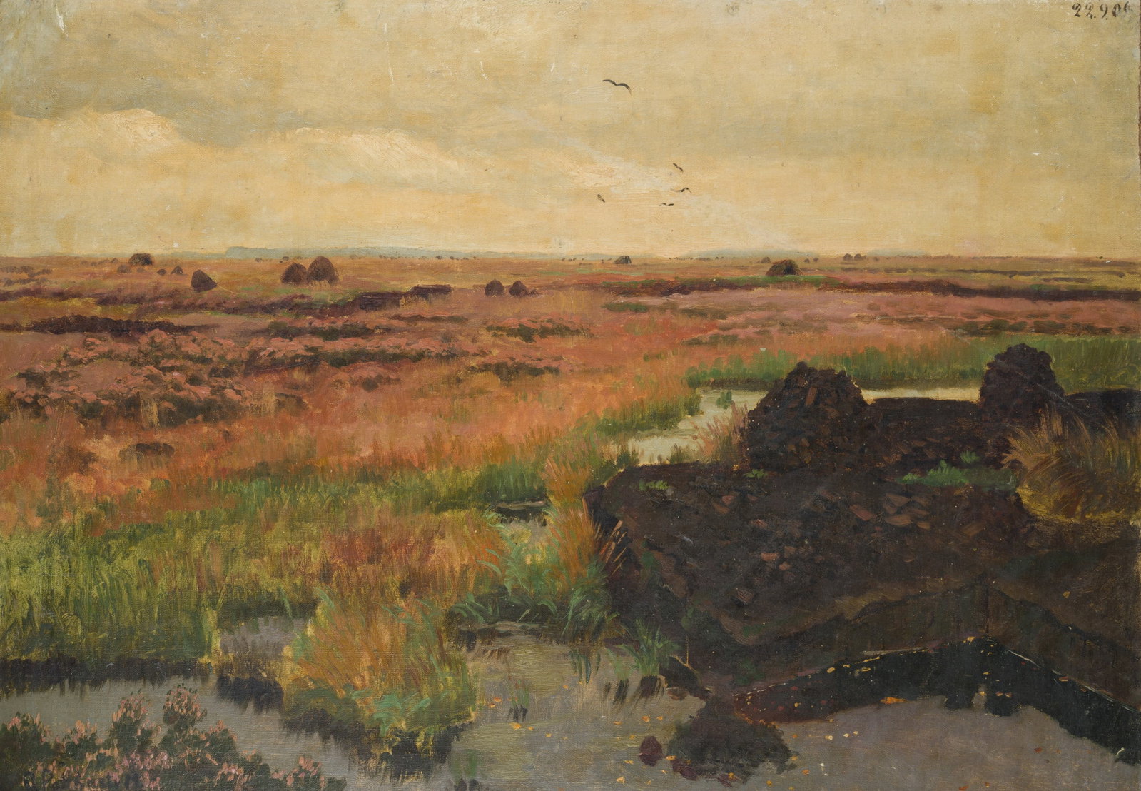 O. POTTHAST VON MINDEN (*1869), Vast heathland, 1906, Oil: Olga Potthast von Minden (1869 Sanderbusch - 1942 Varel): Vast marshland and heathland Marsh and heather, 1906, Oil Technique: Oil on Canvas, mounted on MDF-Board Inscription: Upper right dated: "22.9