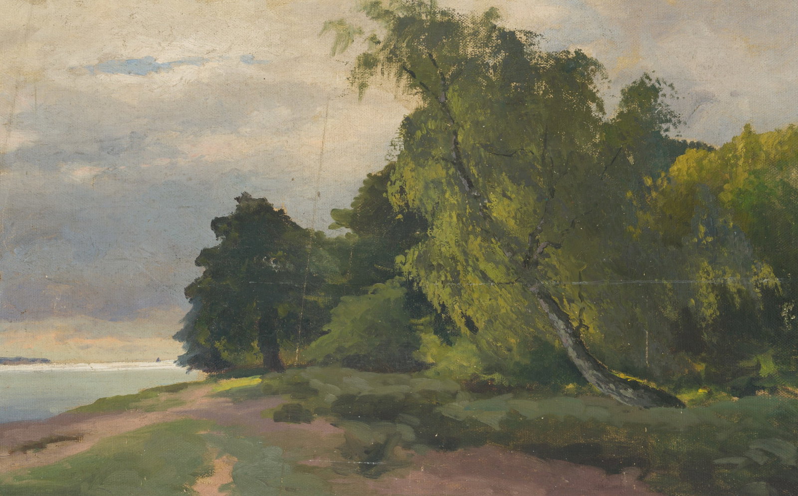 O. POTTHAST VON MINDEN (*1869), Coastline with woodland, around 1905, Oil: Olga Potthast von Minden (1869 Sanderbusch - 1942 Varel): North Sea coast with woodland, c. 1905, Oil Technique: Oil on Canvas, mounted on MDF-Board Date: c. 1905 Provenance: From the estate of the ar