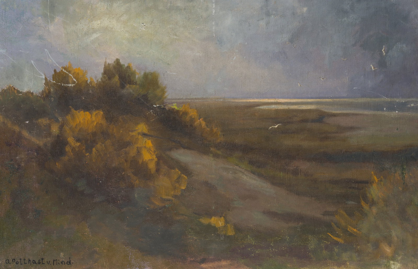 O. POTTHAST VON MINDEN (*1869), Beach at dusk, Oil: Olga Potthast von Minden (1869 Sanderbusch - 1942 Varel): Beach at dusk View from the dunes to the coast with seagulls flying around, 20th century, Oil Technique: Oil on Canvas, mounted on MDF-Board I