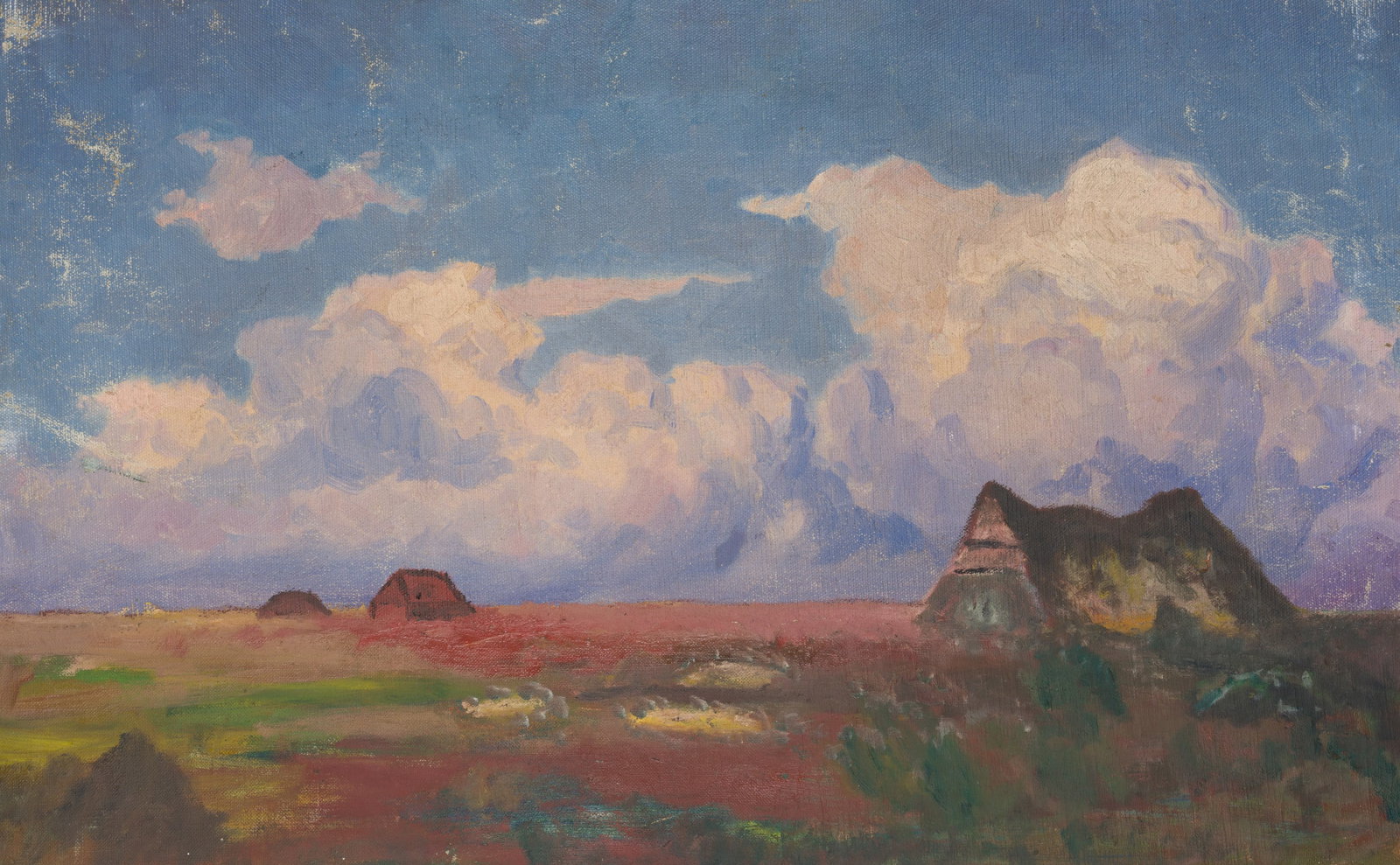 O. POTTHAST VON MINDEN (*1869), Low German landscape, Oil: Olga Potthast von Minden (1869 Sanderbusch - 1942 Varel): Low German landscape with cottages in the heather, 20th century, Oil Technique: Oil on Canvas Date: 20th century Provenance: From the estate o