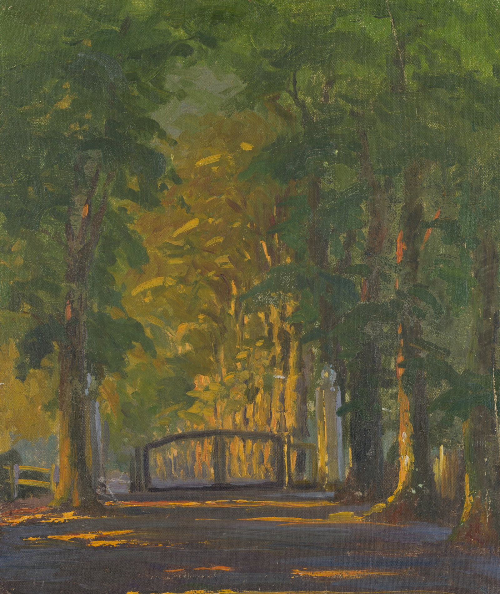 O. POTTHAST VON MINDEN (*1869), Old Park Avenue with gate, Oil: Olga Potthast von Minden (1869 Sanderbusch - 1942 Varel): Old park avenue with locked gate, 20th century, Oil Technique: Oil on Canvas, mounted on MDF-Board Date: 20th century Provenance: From the est