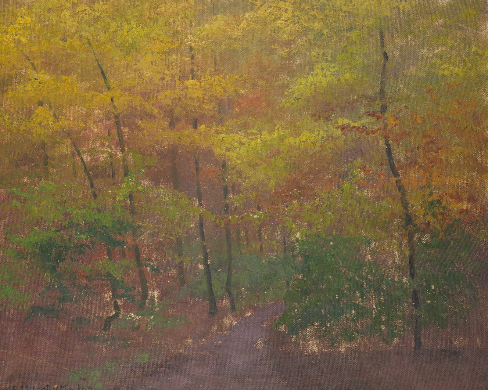 O. POTTHAST VON MINDEN (*1869), An autumnal stretch of woodland, Oil: Olga Potthast von Minden (1869 Sanderbusch - 1942 Varel): Autumnal forest with colourful foliage, 20th century, Oil Technique: Oil on Canvas, mounted on MDF-Board Inscription: lower left signed: "O. P