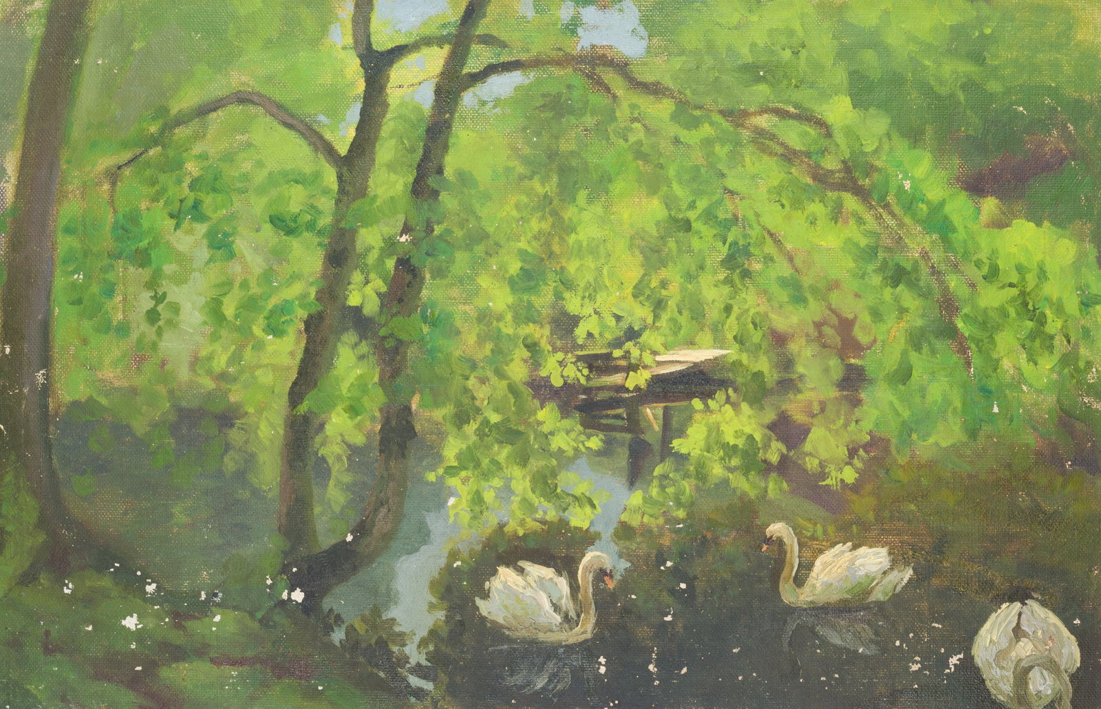 O. POTTHAST VON MINDEN (*1869), Swans on the pond, Oil: Olga Potthast von Minden (1869 Sanderbusch - 1942 Varel): Swans at the pond surrounded by rich vegetation, 20th century, Oil Technique: Oil on Canvas, mounted on MDF-Board Date: 20th century Provenanc