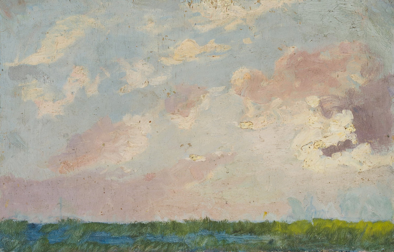 O. POTTHAST VON MINDEN (*1869), cloud study, around 1900, Oil: Olga Potthast von Minden (1869 Sanderbusch - 1942 Varel): Cloud study over green marshland, c. 1900, Oil Technique: Oil on Cardboard Date: c. 1900 Description: The loose study shows a light blue sky i