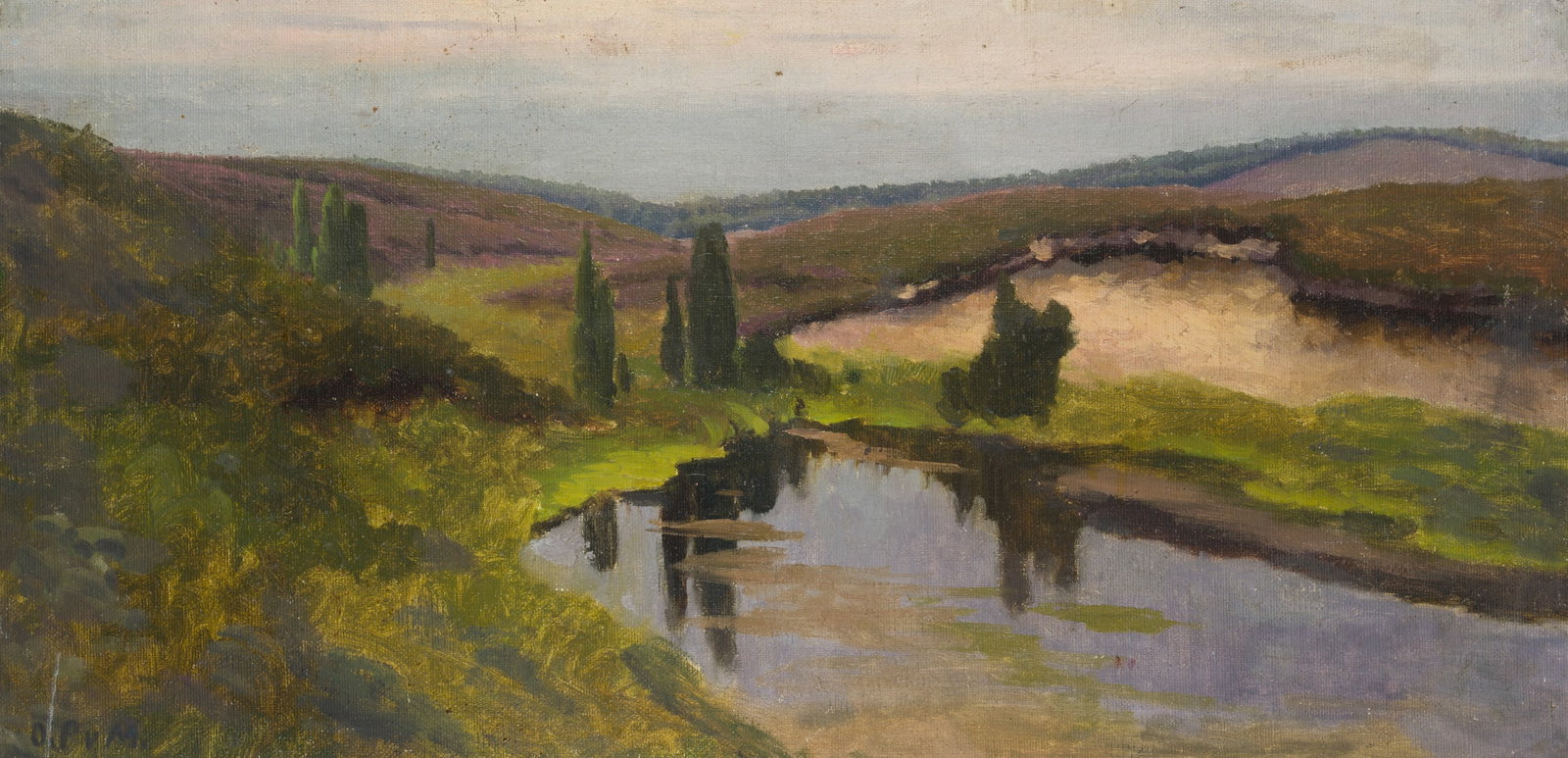 O. POTTHAST VON MINDEN (*1869), Marshland and heathland, Oil: Olga Potthast von Minden (1869 Sanderbusch - 1942 Varel): Swamp and heathland with ponds and scattered outstanding bushes and trees, 20th century, Oil Technique: Oil on Canvas, mounted on MDF-Board In