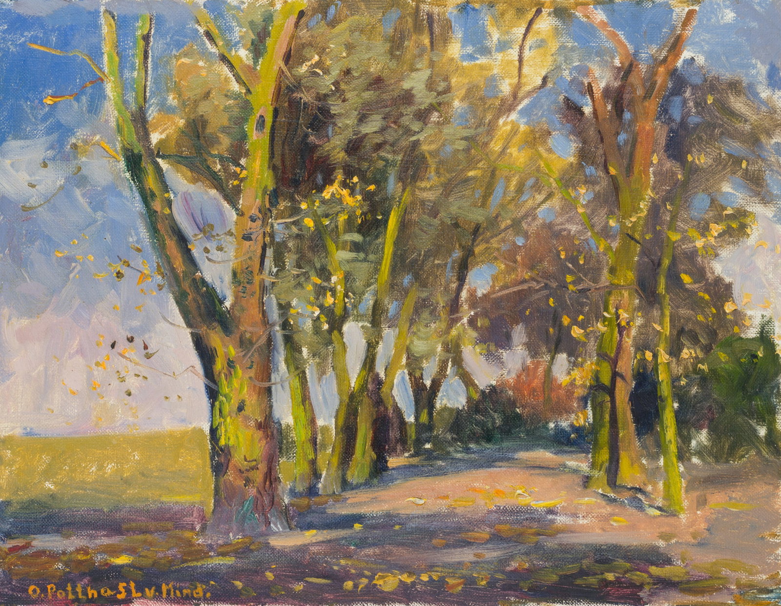 O. POTTHAST VON MINDEN (*1869), A tree-lined avenue, Oil: Olga Potthast von Minden (1869 Sanderbusch - 1942 Varel): Avenue with trees, 20th century, Oil Technique: Oil on Canvas, mounted on MDF-Board Date: 20th century Keywords: tree avenue, street, tree, ho