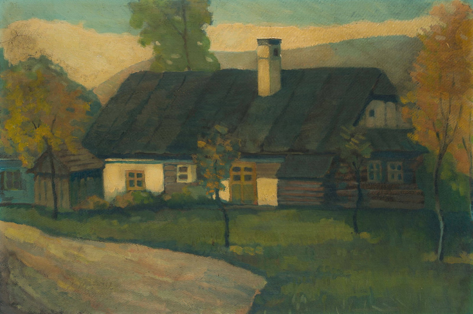 Unknown (20th), Farmhouse, around 1910, Oil: Unknown (20th century): View of a farmhouse, c. 1910, Oil Technique: Oil on Cardboard Date: c. 1910 Keywords: Farmhouse, Country life, In the countryside, Manor house, 20th century, Impressionism, Arc