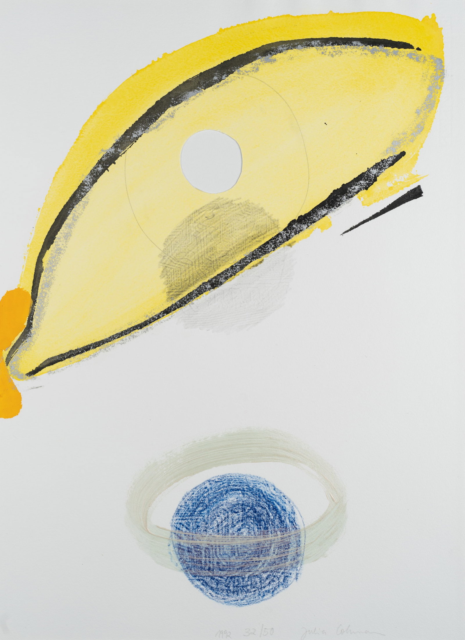 J. LOHMANN (*1951), Various shapes of circles. Circular areas, 1992, Mixed media: Julia Lohmann (born 1951 Dorsten): Different circle shapes with cut out circle area, 1992, Mixed media Technique: Mixed media on Paper Inscription: Lower right signed: "Julia Lohmann". Lower middle da