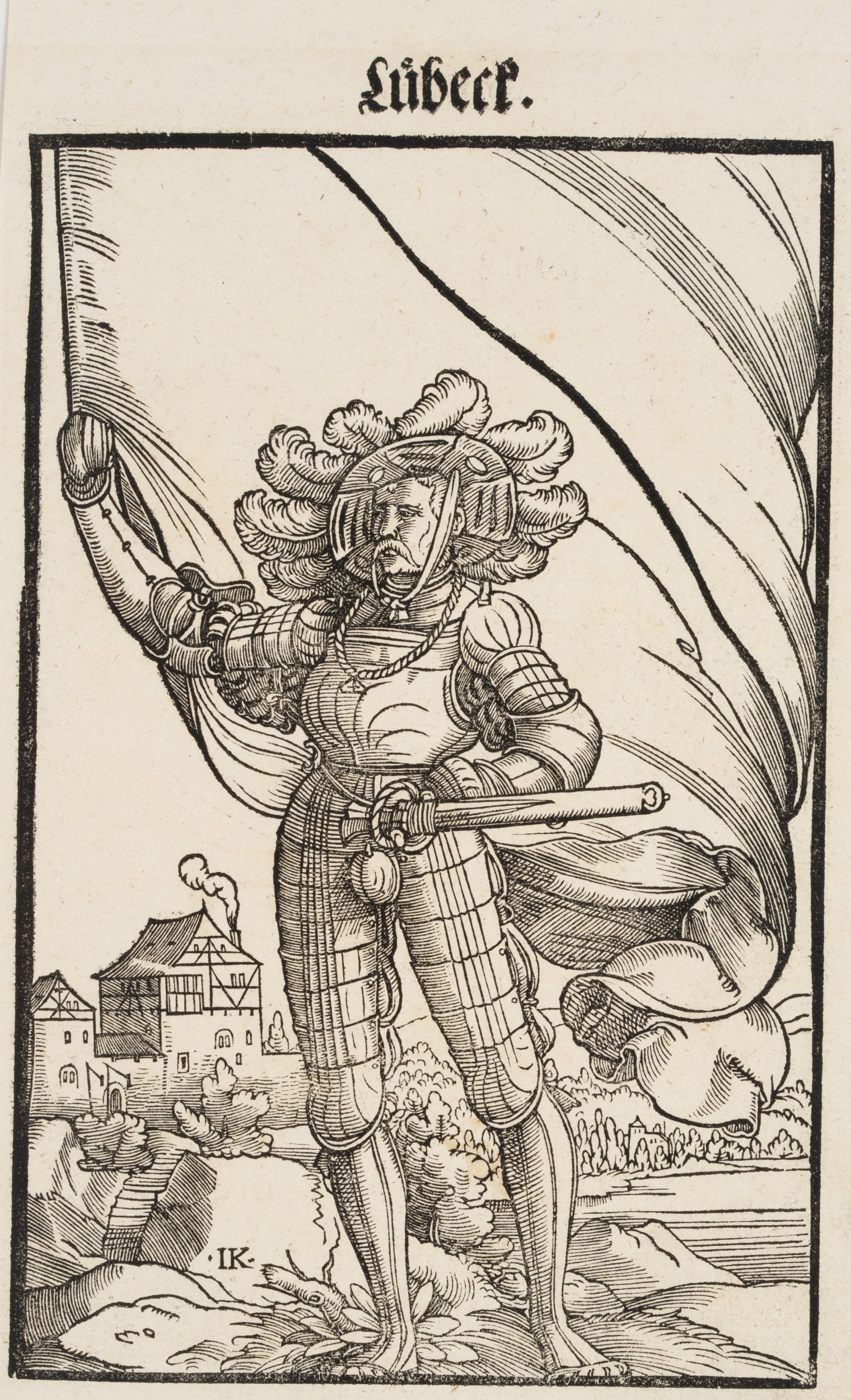 J. KALLENBERG (*1500) after AMMAN (*1539), Lübeck. Flag-wavers, 1579, Woodcut (1 of 4)