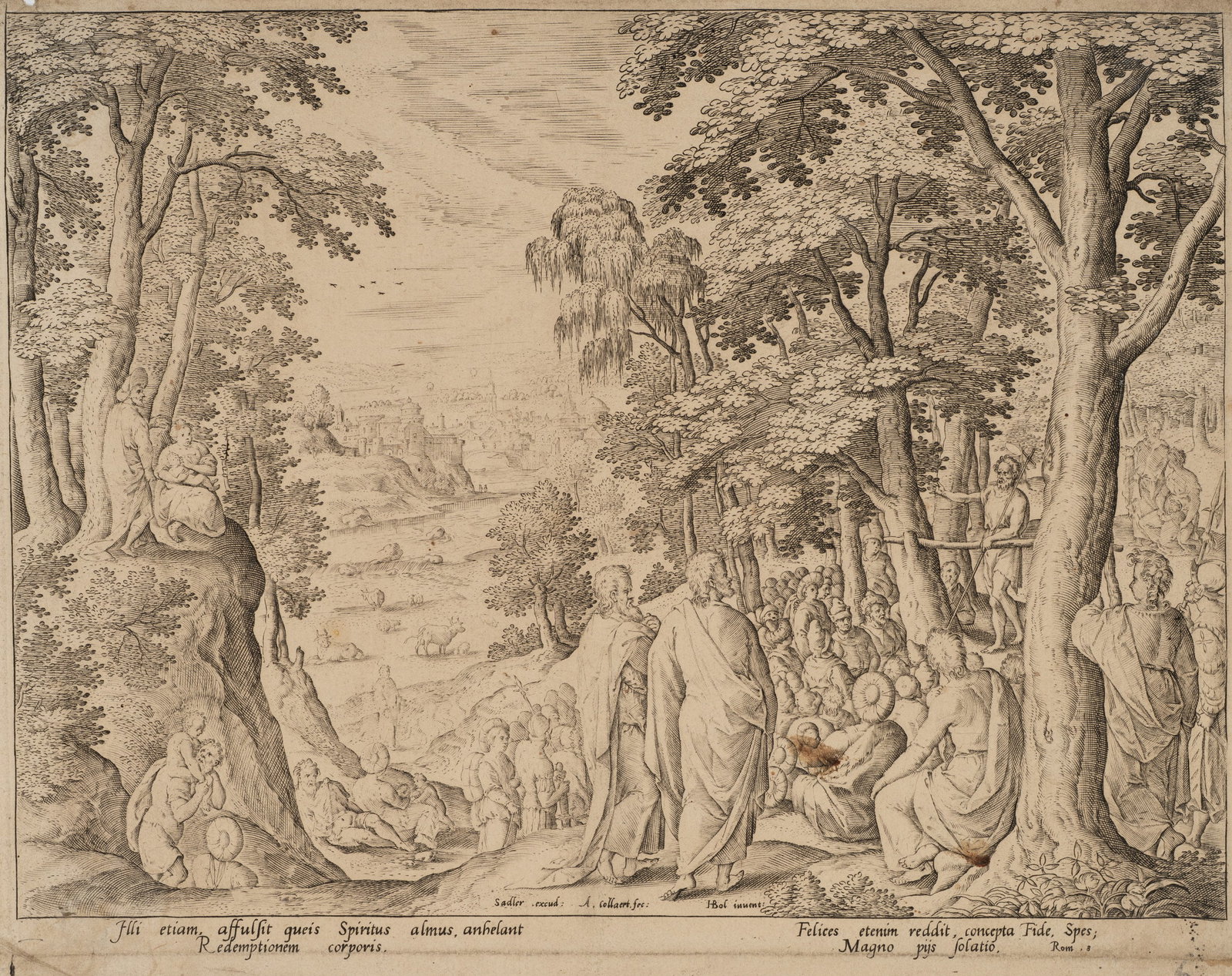 A. COLLAERT (*1560) after BOL (*1534), The Sermon of John the Baptist, around 1580, Copper engraving: Adriaen Collaert (around 1560 Antwerp - around 1618 ibid.) after Hans Bol (1534 Mechelen - 1593 Antwerp): The sermon of John the Baptist Biblical sermon scene in a wooded landscape, c. 1580, Copper en