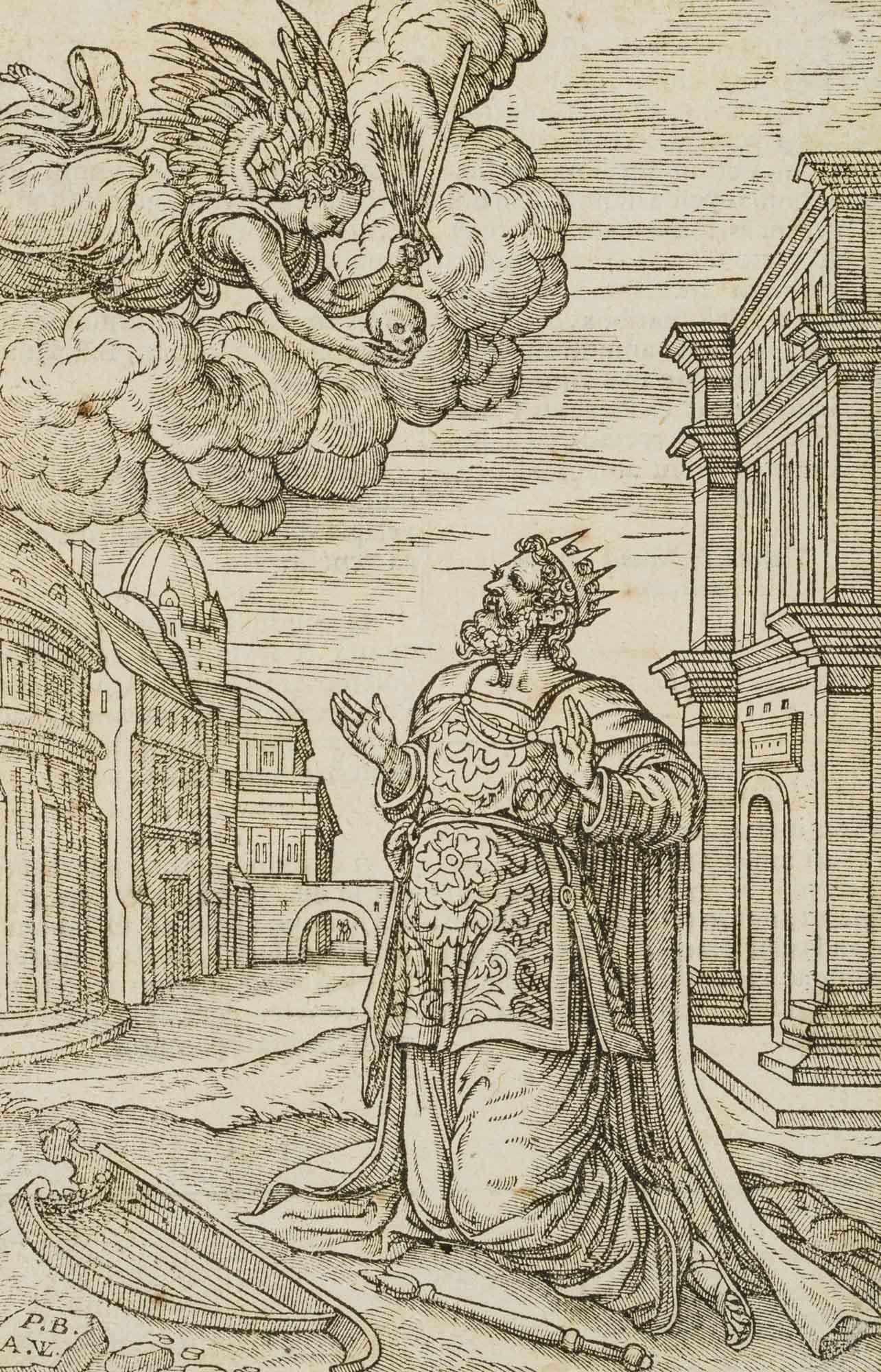 P. BORCHT (1535-1608) attributed, King David with an angelic apparition., Woodcut (1 of 4)