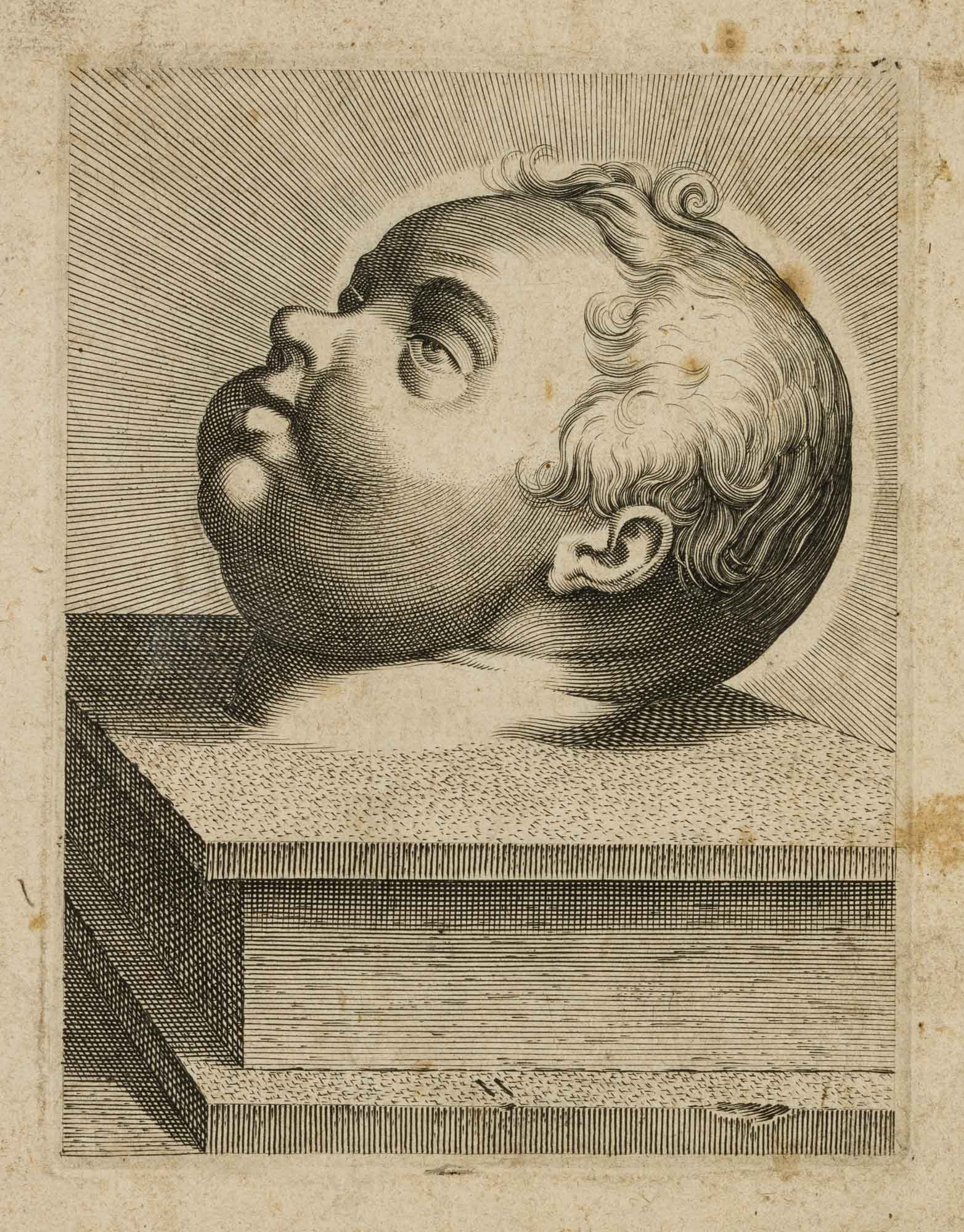 A. CARRACCI (1560-1609) Circle, Study of a child’s head, Copper engraving: Annibale Carracci (before 1560 Bologna - 1609 Rom) Circle: Head study of a child on a pedestal, Scuola Perfetta, 16th century, Copper engraving Technique: Copper engraving on Paper Date: 16th century 