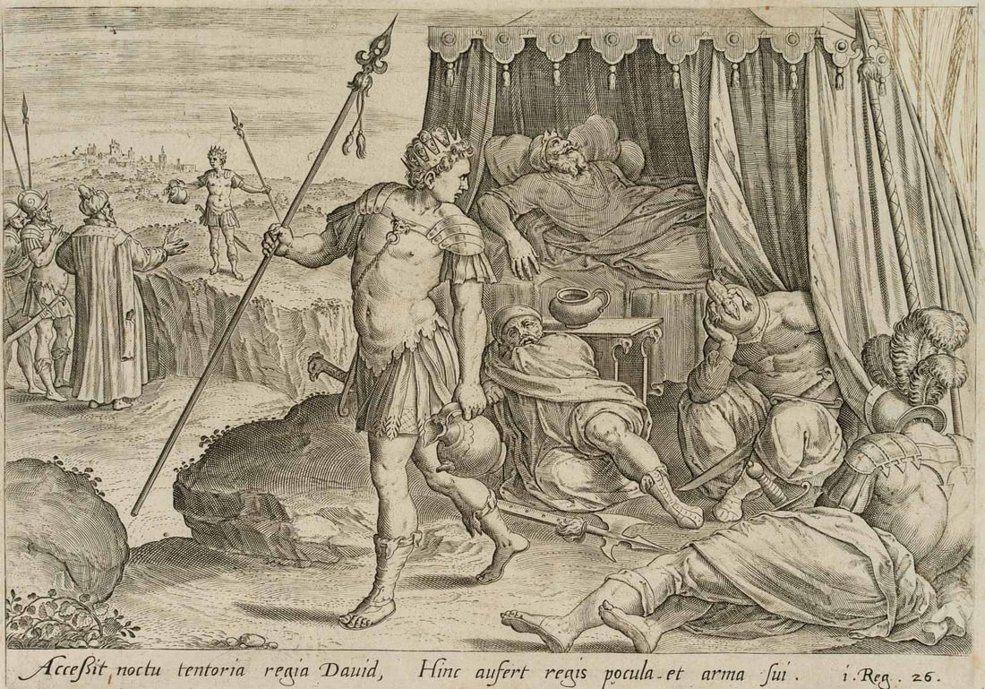 After FRANCKEN (*1544), David spares Saul from death, 1579, Copper engraving: After Ambrosius Francken (around 1544 Herenthal's - 1618 Antwerp): David spares Saul from death, 1579, Copper engraving Technique: Copper engraving on Paper Inscription: Inscribed below in Latin and n