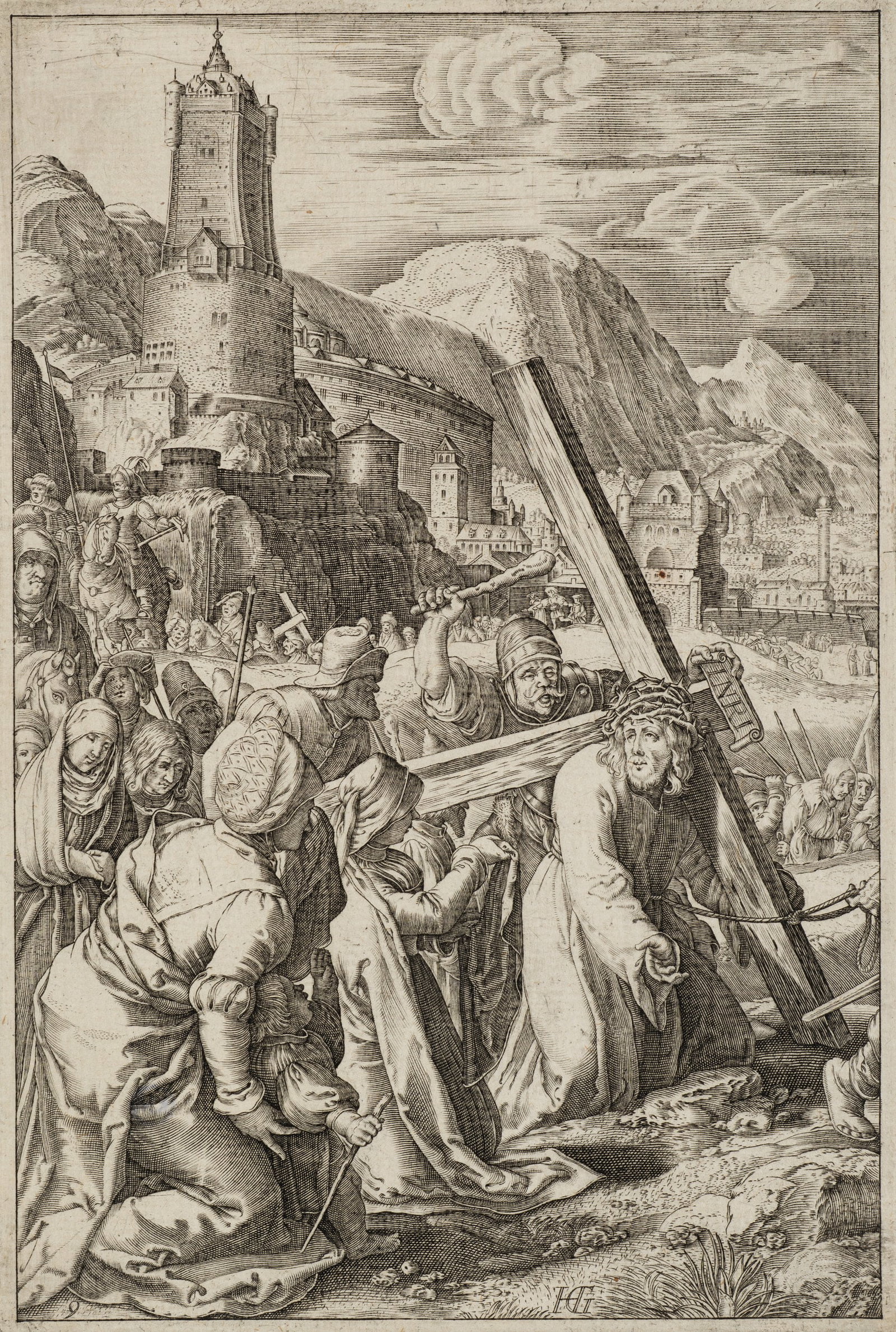 A. HOGENBERG (*1608) after GOLTZIUS (*1558), Christ’s Carrying of the Cross, 1598, Copper: Abraham Hogenberg (before 1608 - after 1653 ) after Hendrick Goltzius (1558 Mühlbrecht - 1616 Haarlem): Christ carrying the cross Christ falls under the cross in front of a dramatic castle landsc
