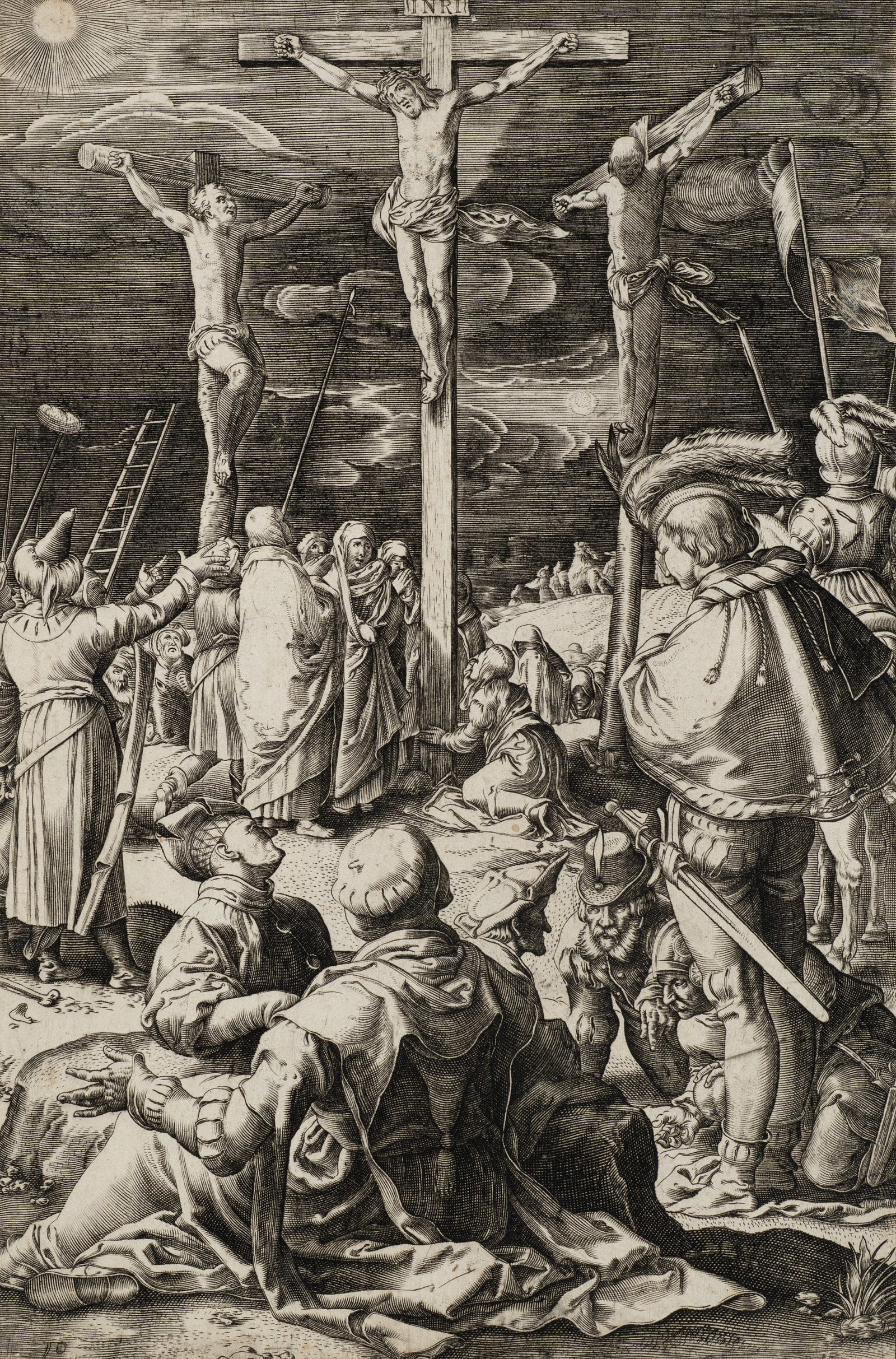 A. HOGENBERG (*1608) after GOLTZIUS (*1558), Scene of the Crucifixion, 1598, Copper engraving: Abraham Hogenberg (before 1608 - after 1653 ) after Hendrick Goltzius (1558 Mühlbrecht - 1616 Haarlem): Crucifixion scene Crucifixion of Christ with soldiers and mourners, 1598, Copper engraving 