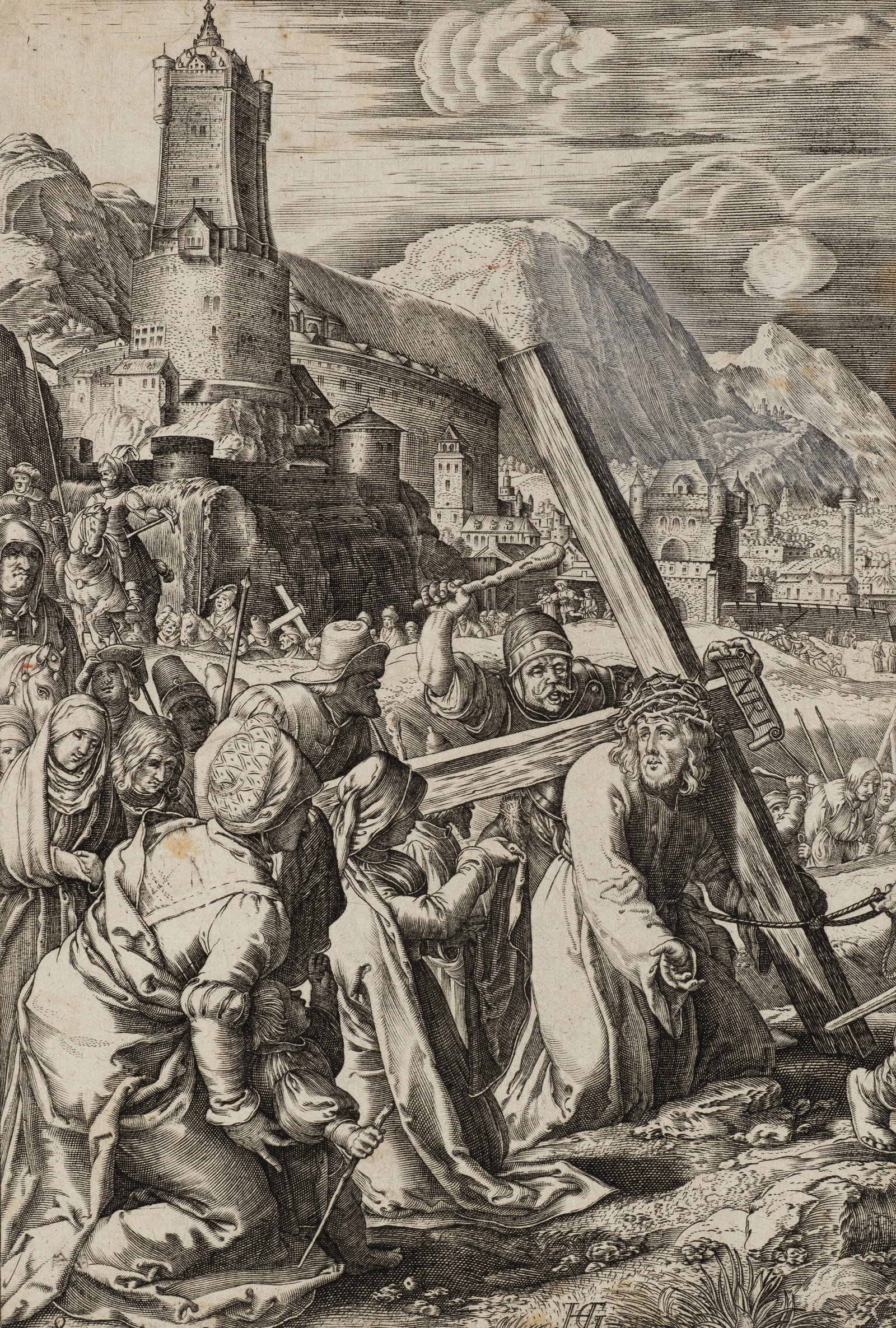 A. HOGENBERG (*1608) after GOLTZIUS (*1558), Christ’s Carrying of the Cross, 1598, Copper: Abraham Hogenberg (before 1608 - after 1653 ) after Hendrick Goltzius (1558 Mühlbrecht - 1616 Haarlem): Christ carrying the cross Christ on the way to crucifixion, surrounded by soldiers, 1598, C