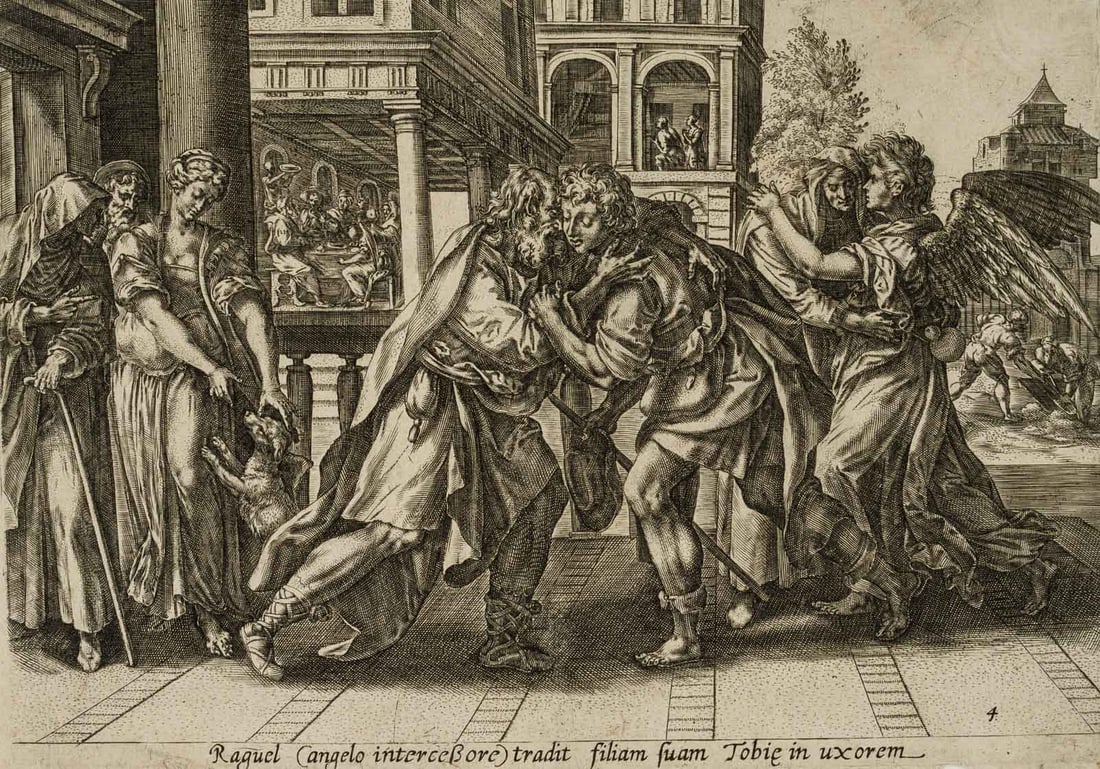 G. JODE (1512-1591) attributed, Homecoming with the Angel Raphael, Copper engraving: Gerard de Jode (around 1512 - 1591 ibid.) attributed: Return of the son Tobit accompanied by the angel Raphael, Bible illustration, 16th century, Copper engraving Technique: Copper engraving on Paper 
