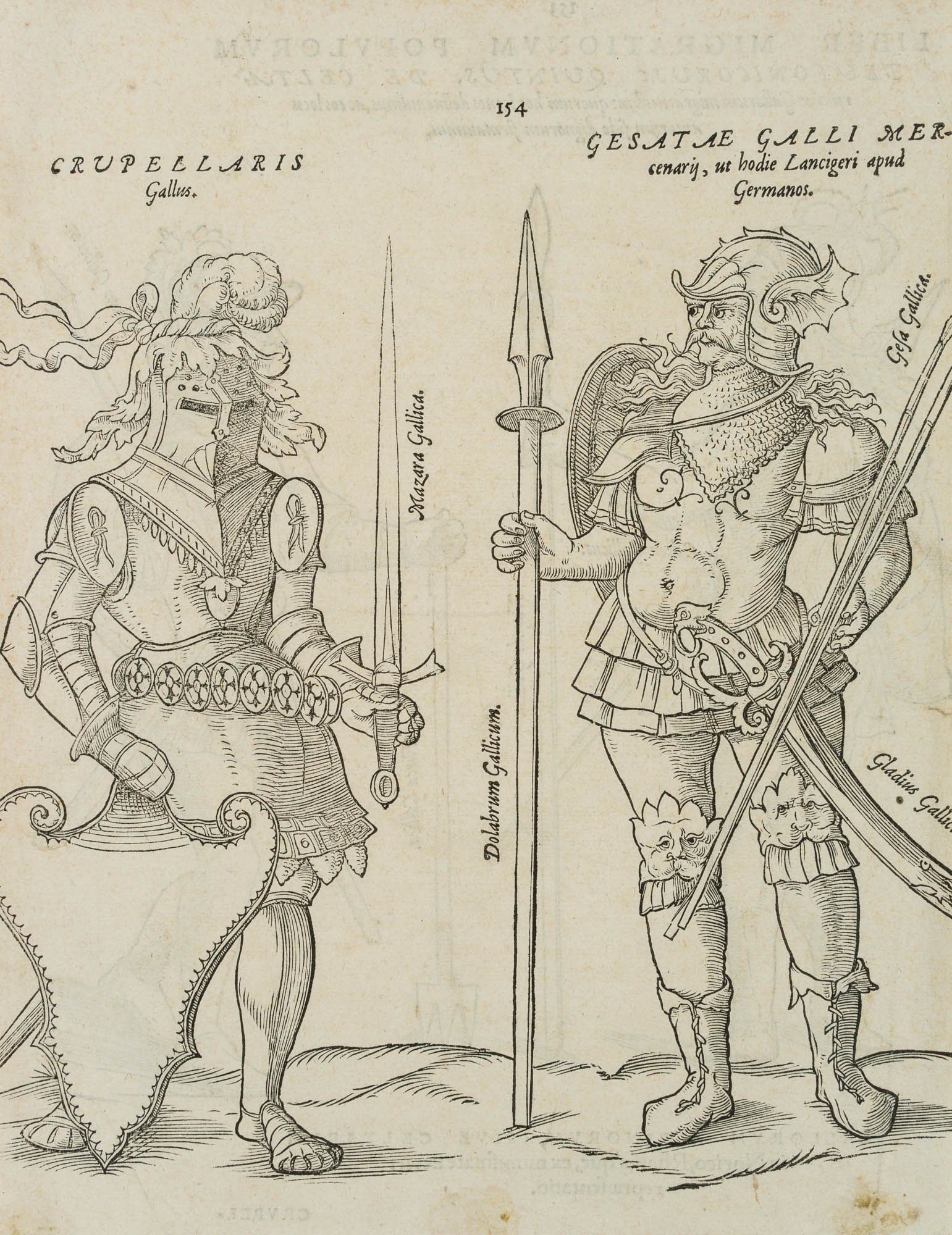 W. LAZIUS (1514-1565), Crupellaris, Armoured Warriors, Woodcut: Wolfgang Lazius (1514 Vienna - 1565 ibid.): "Crupellaris", armoured fencer, gladiator, 16th century, Woodcut Technique: Woodcut on Laid paper Date: 16th century Description: Unusual print, page 153/15