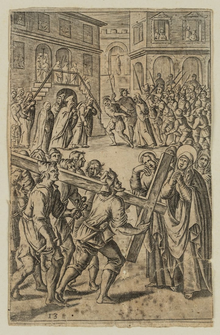 Monogram IZ (16th), Christ’s Carrying of the Cross, around 1560, Copper engraving: Monogrammist IZ (16th century): Carrying Christ on the cross, Christ is condemned to crucifixion, c. 1560, Copper engraving Technique: Copper engraving on Paper Stamp: Collector's stamp, Lugt no.: 163